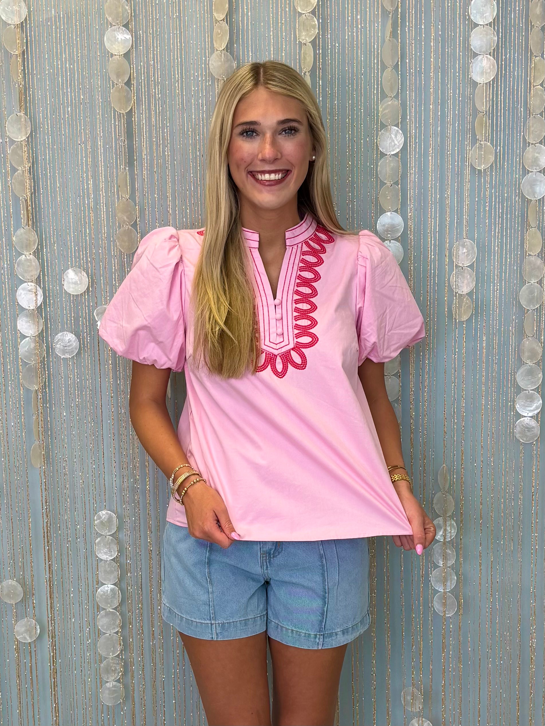 Palm Whisper Pink Embroidered V Notched Top-Shop-Womens-Boutique-Clothing