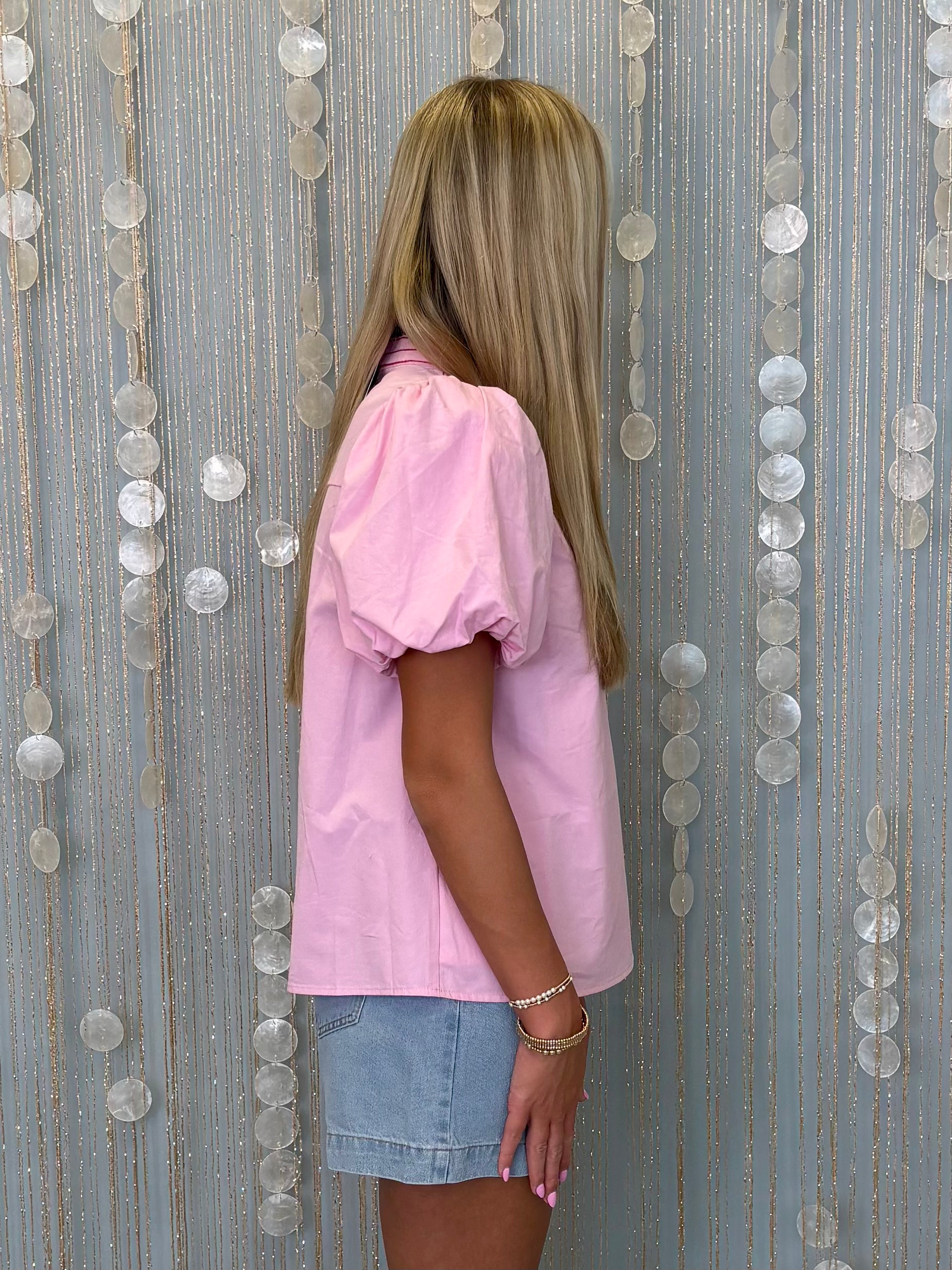Palm Whisper Pink Embroidered V Notched Top-Shop-Womens-Boutique-Clothing