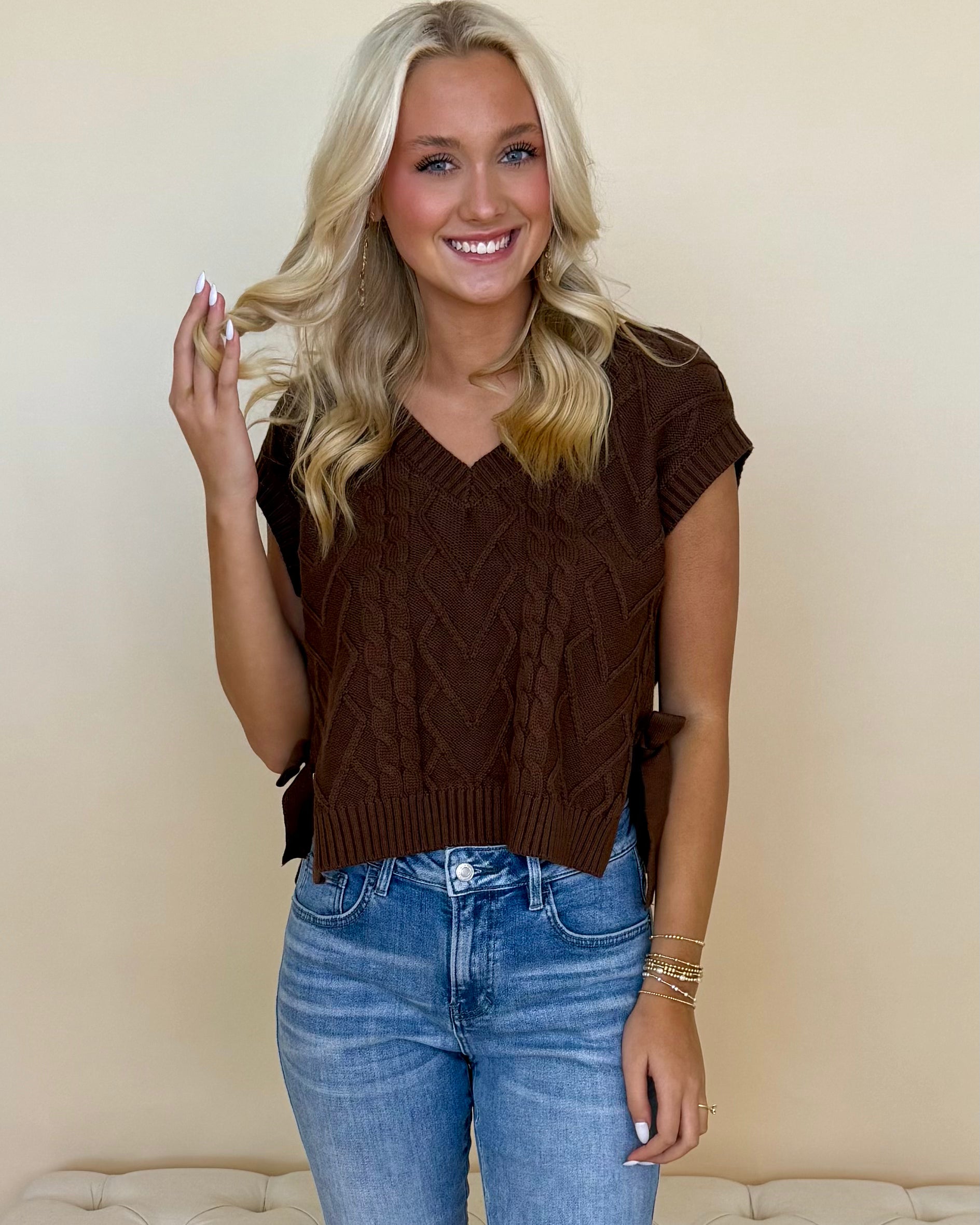 Easily Admired Brown V-Neck Cable Sweater-Shop-Womens-Boutique-Clothing