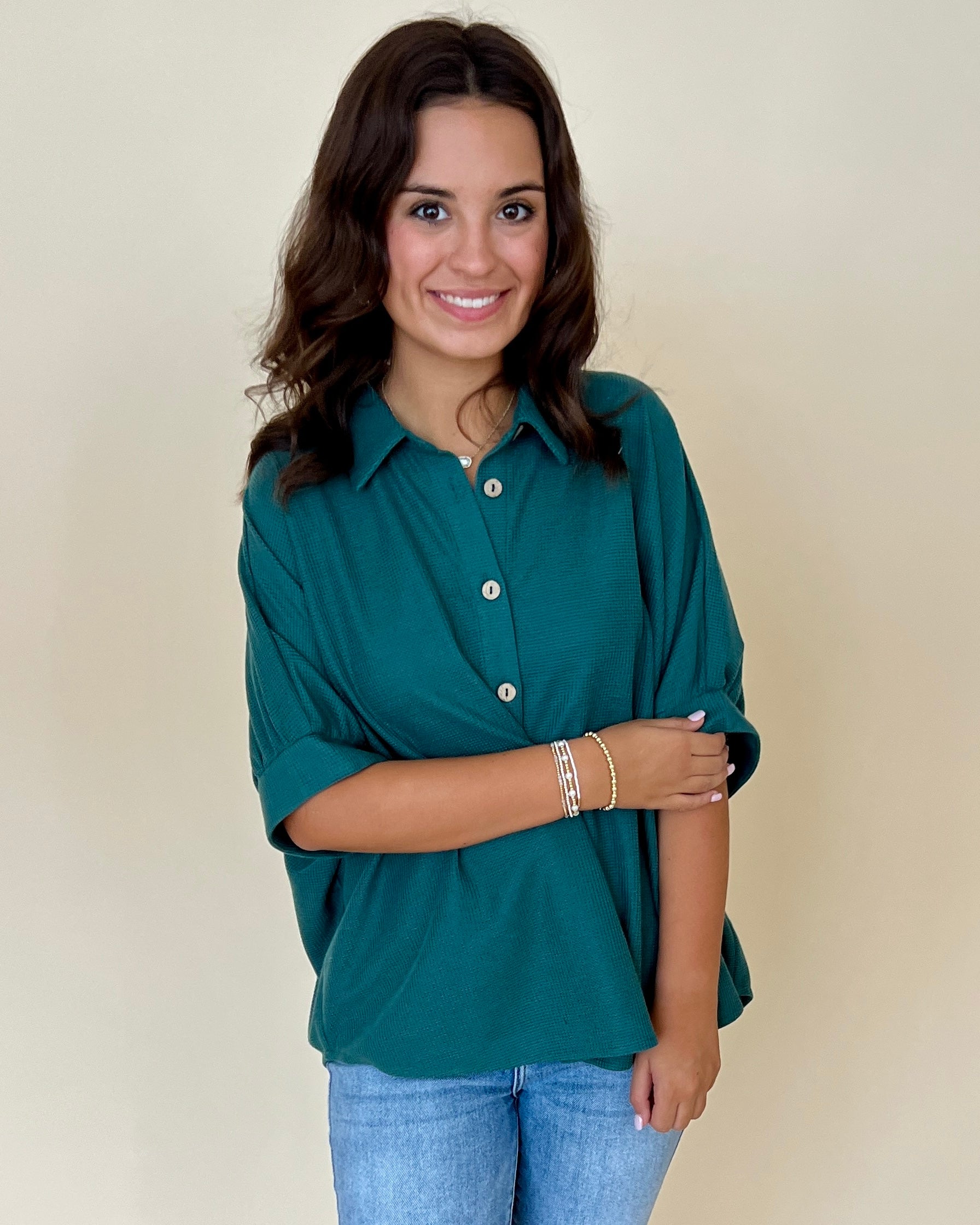 Let Loose Hunter Waffle Button Down Top-Shop-Womens-Boutique-Clothing