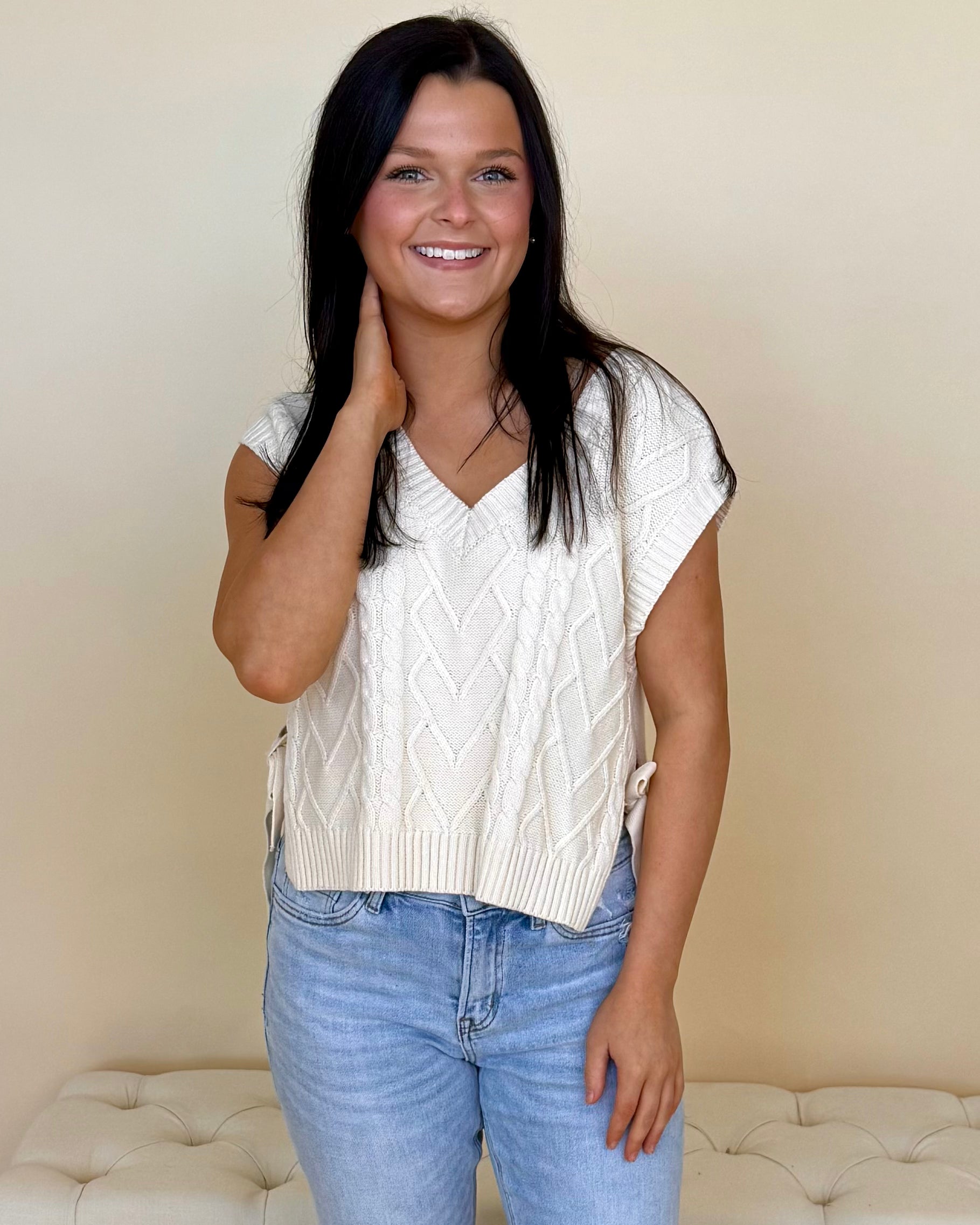 Easily Admired Cream V-Neck Cable Sweater-Shop-Womens-Boutique-Clothing