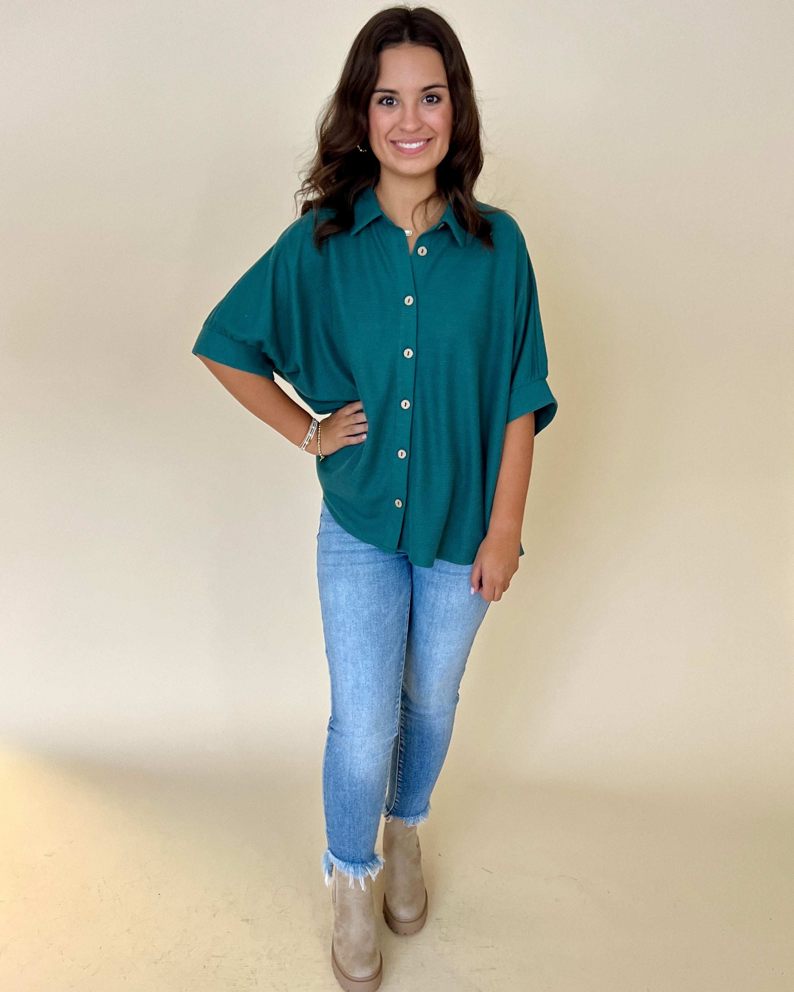 Let Loose Hunter Waffle Button Down Top-Shop-Womens-Boutique-Clothing