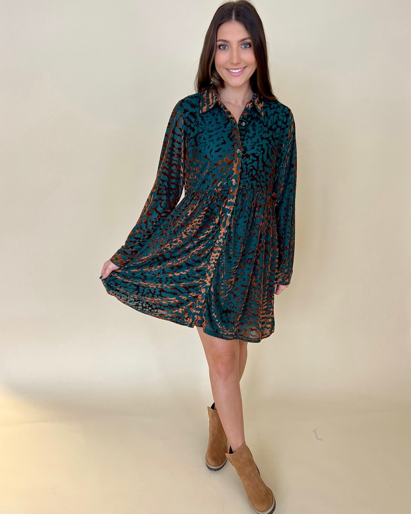 Fall For You Teal Animal Velvet Dress-Shop-Womens-Boutique-Clothing