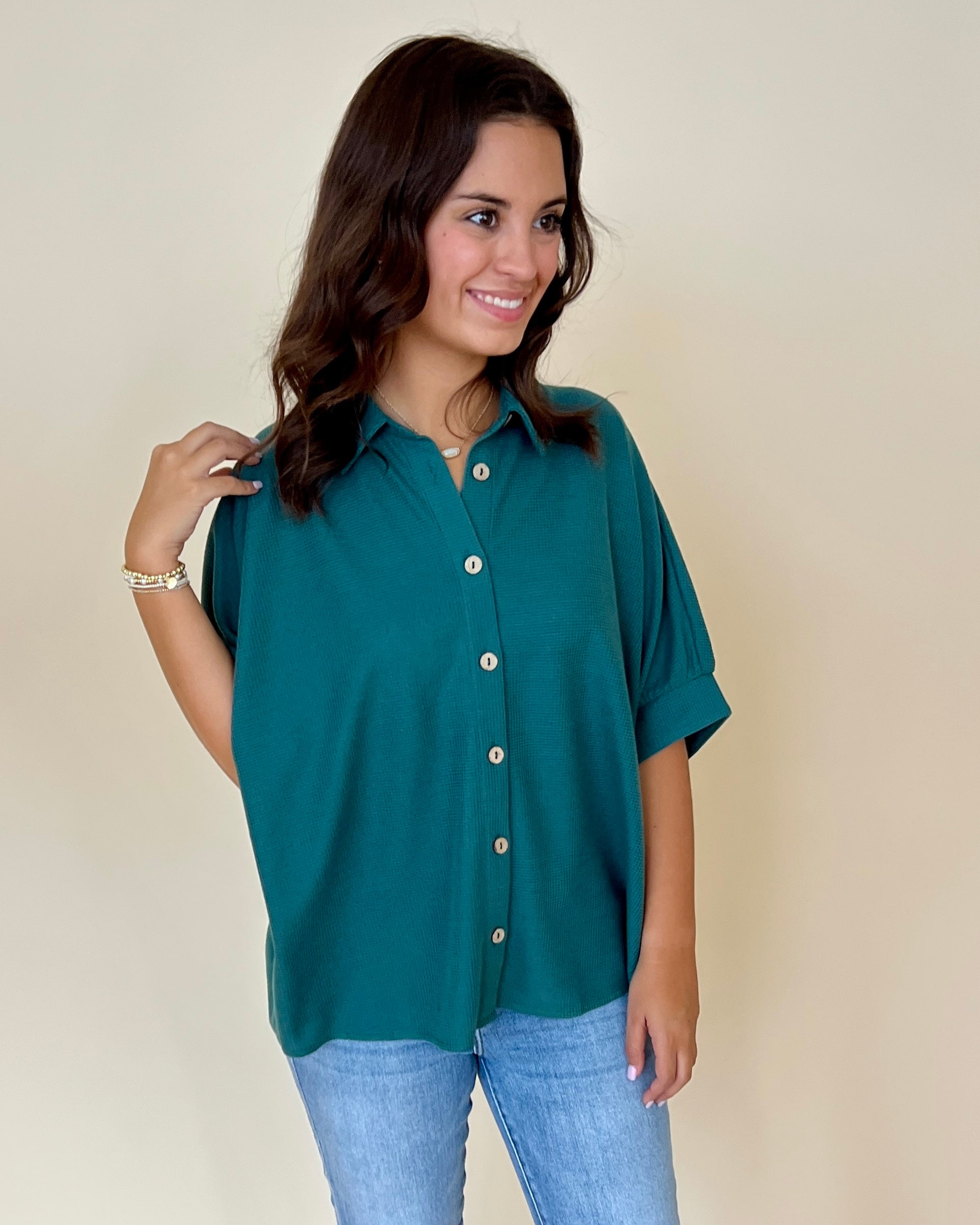 Let Loose Hunter Waffle Button Down Top-Shop-Womens-Boutique-Clothing