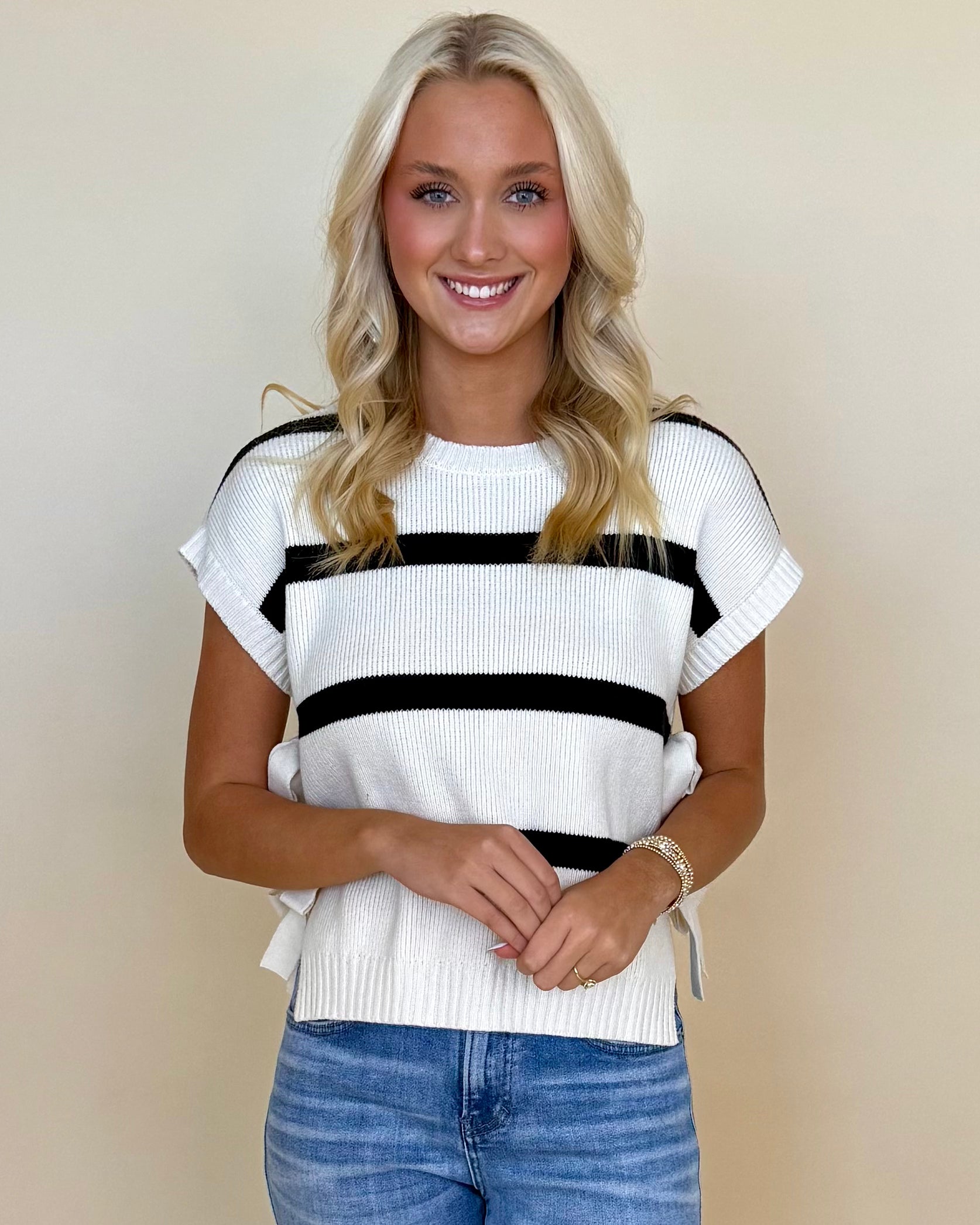 Pure Essence Cream Stripe Tie Sweater-Shop-Womens-Boutique-Clothing