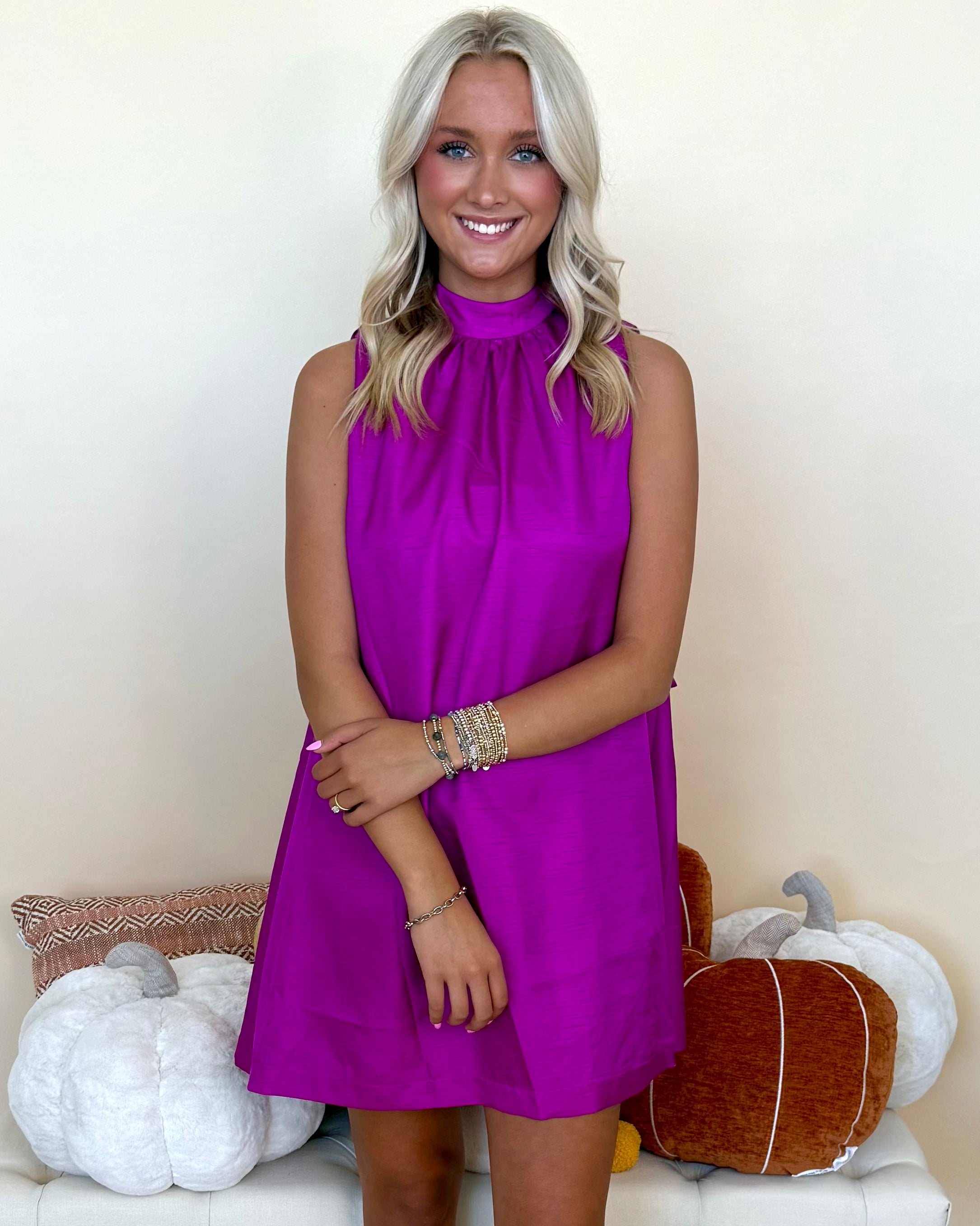 Day Party Magenta Halter Satin Dress-Shop-Womens-Boutique-Clothing