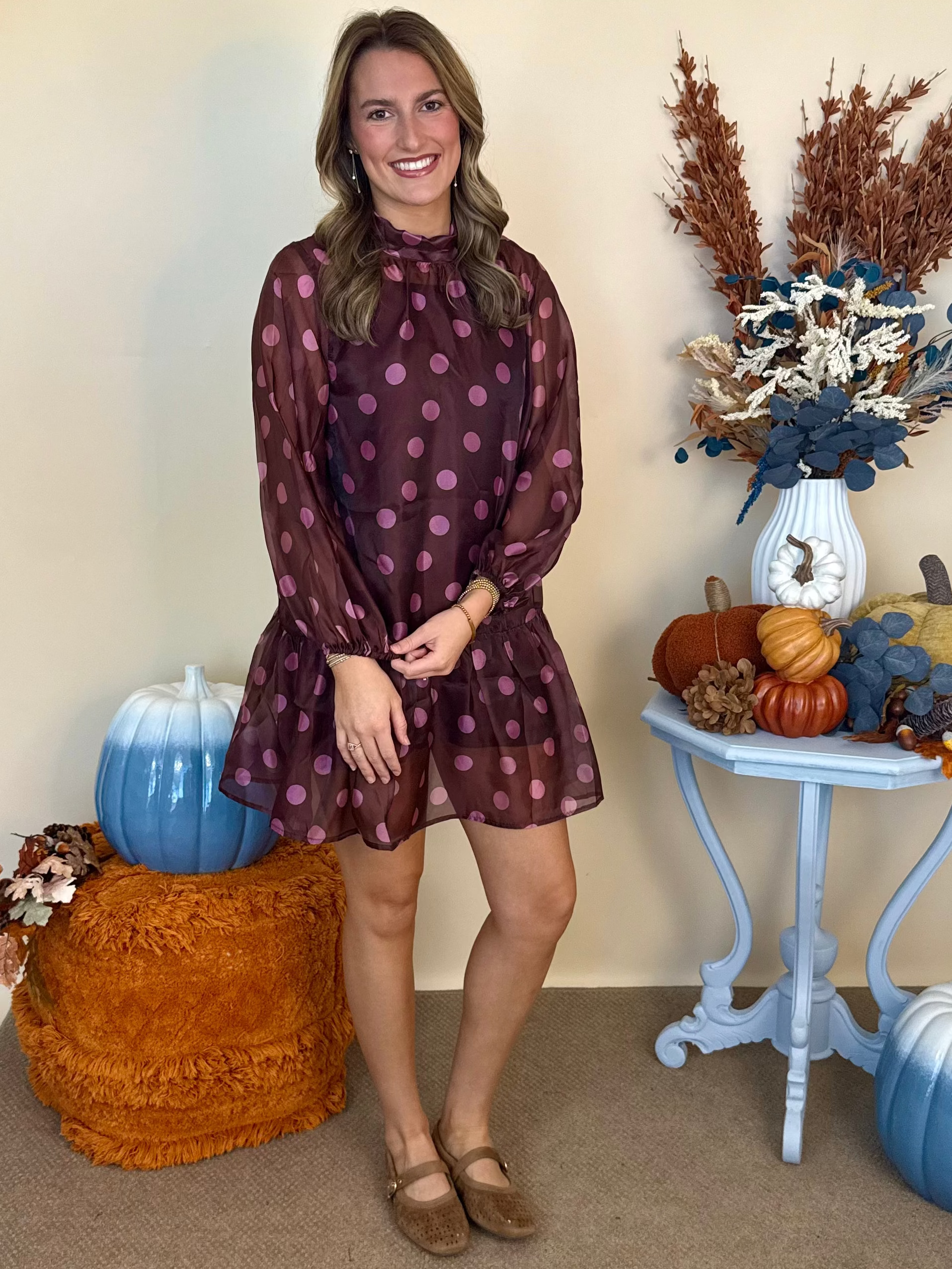 Like Clockwork Chocolate Polka Dot Long Sleeve Overlay Dress-Shop-Womens-Boutique-Clothing