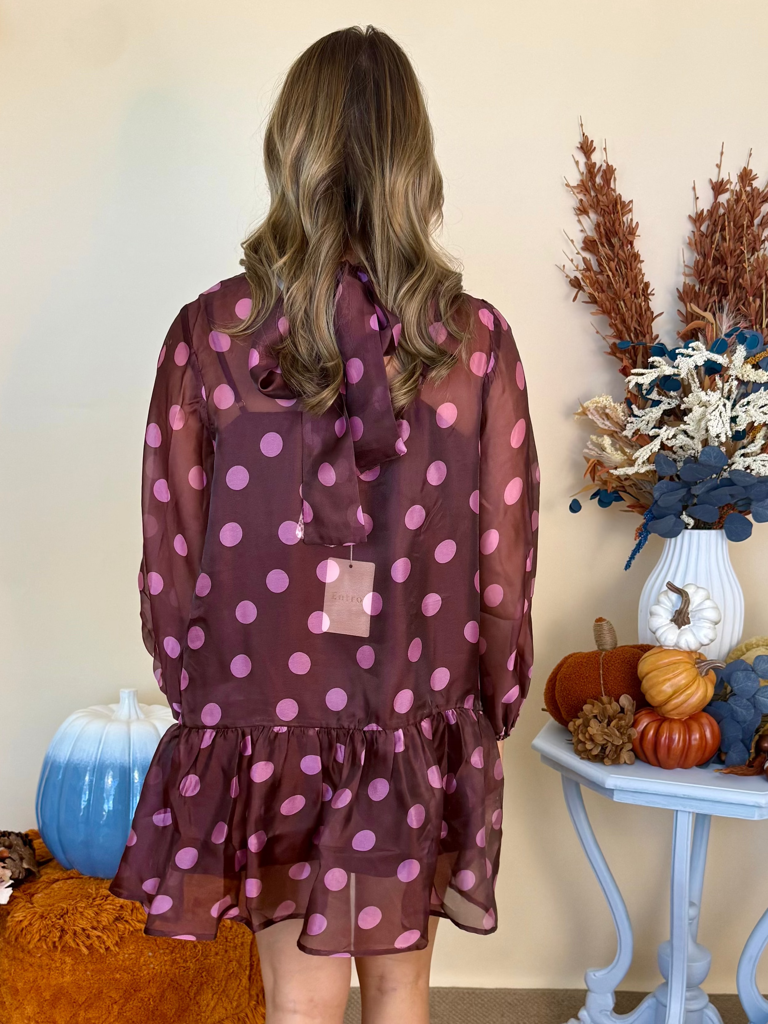 Like Clockwork Chocolate Polka Dot Long Sleeve Overlay Dress-Shop-Womens-Boutique-Clothing