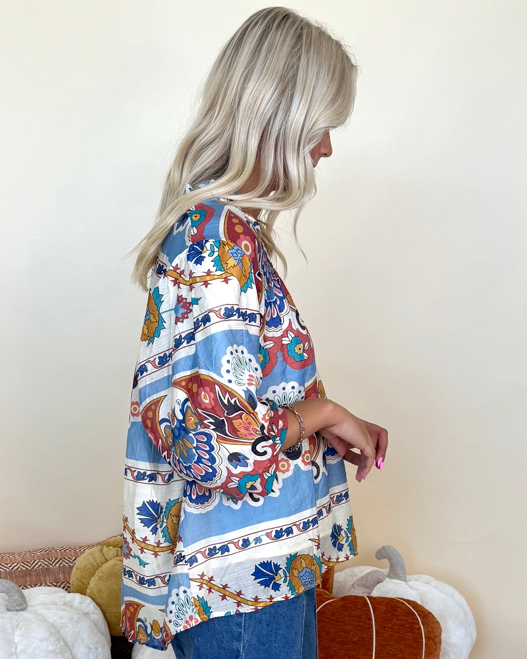 Forever Young Blue Mix Print Split Neck Top-Shop-Womens-Boutique-Clothing