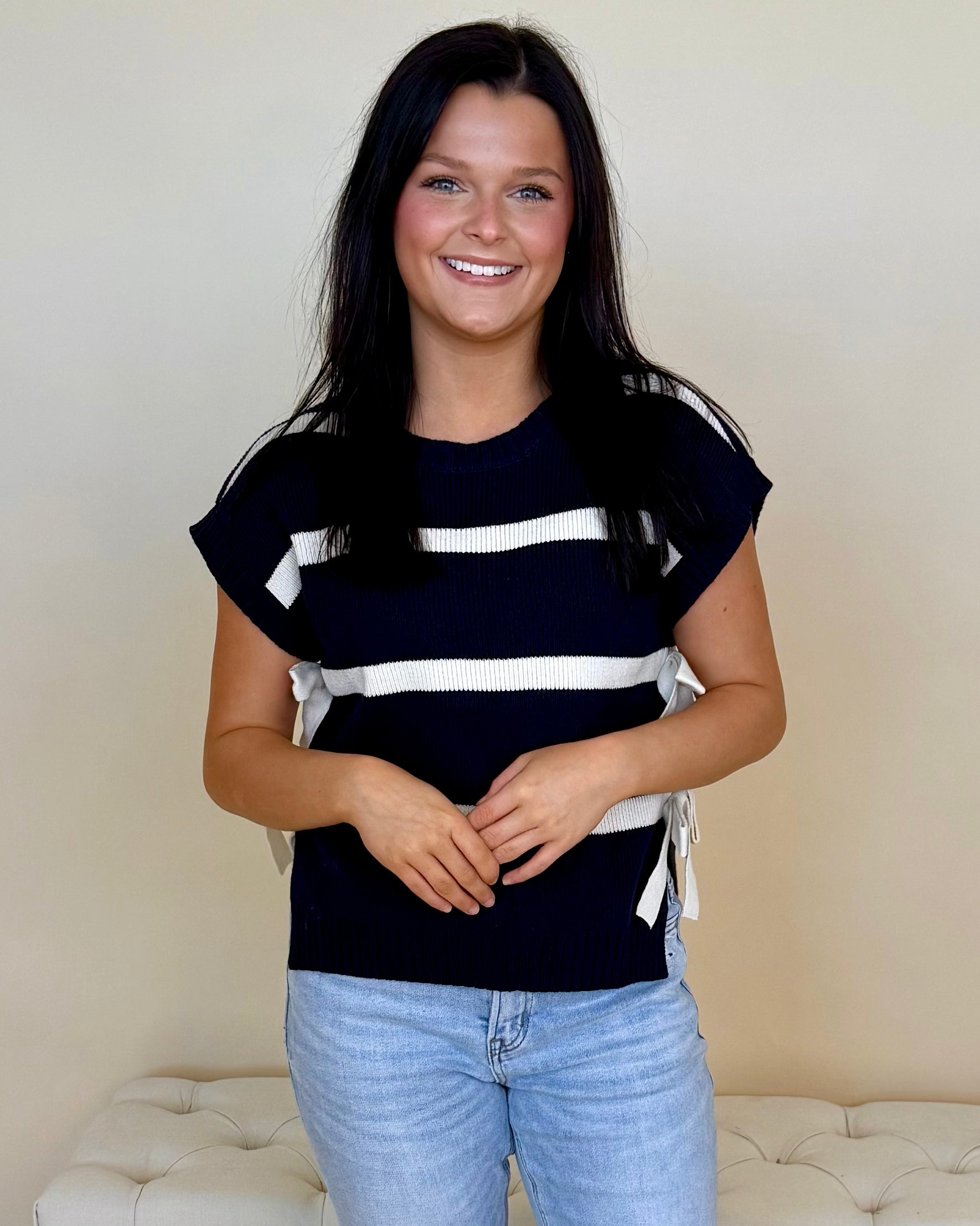 Pure Essence Navy Stripe Tie Sweater-Shop-Womens-Boutique-Clothing