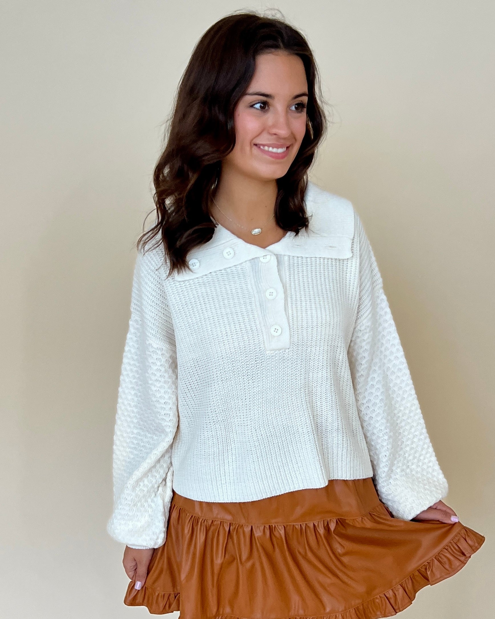 A Possibility Cream Textured Knit Collared Button Sweater-Shop-Womens-Boutique-Clothing