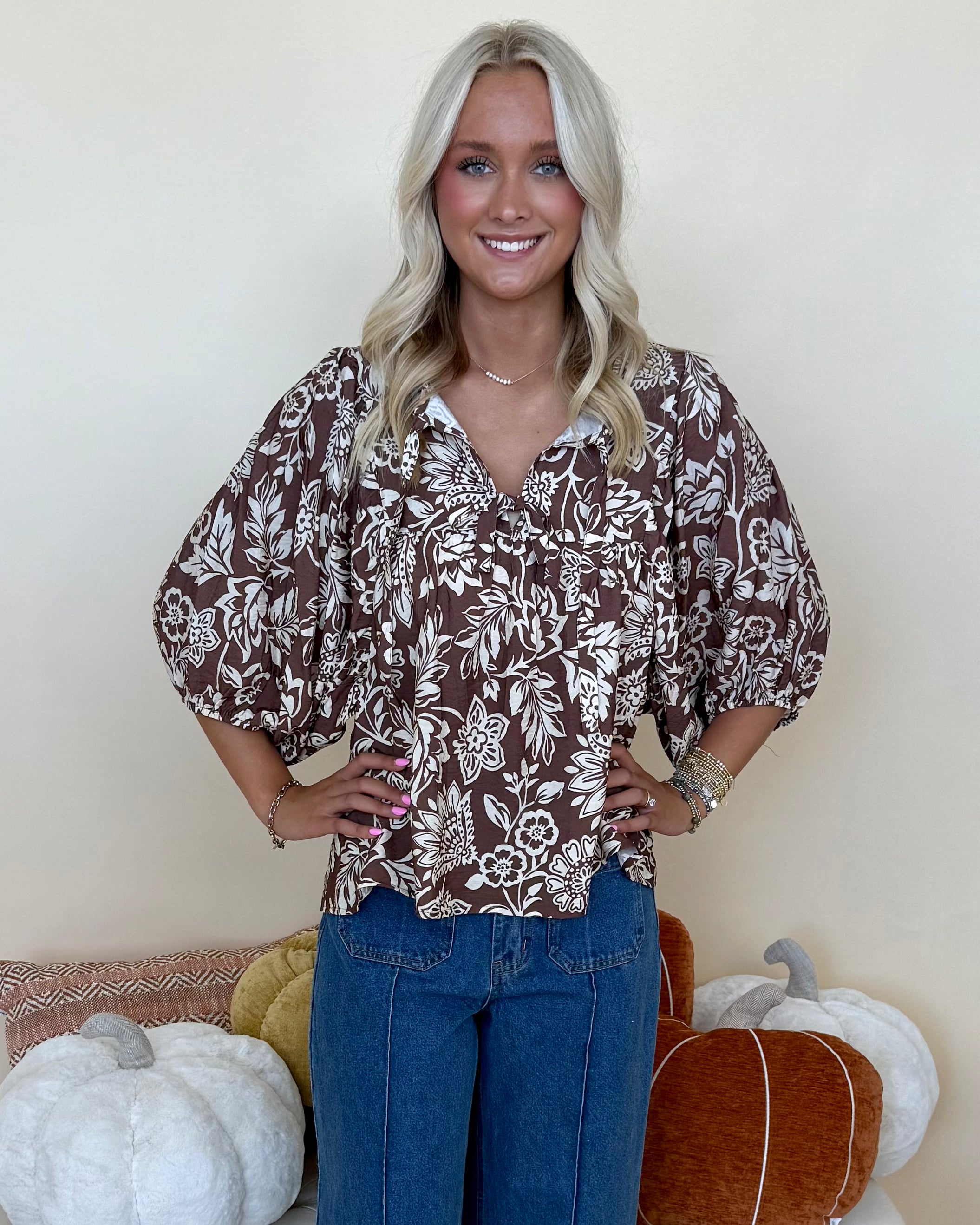 Just Imagine Mocha Print Neck Tie Top-Shop-Womens-Boutique-Clothing