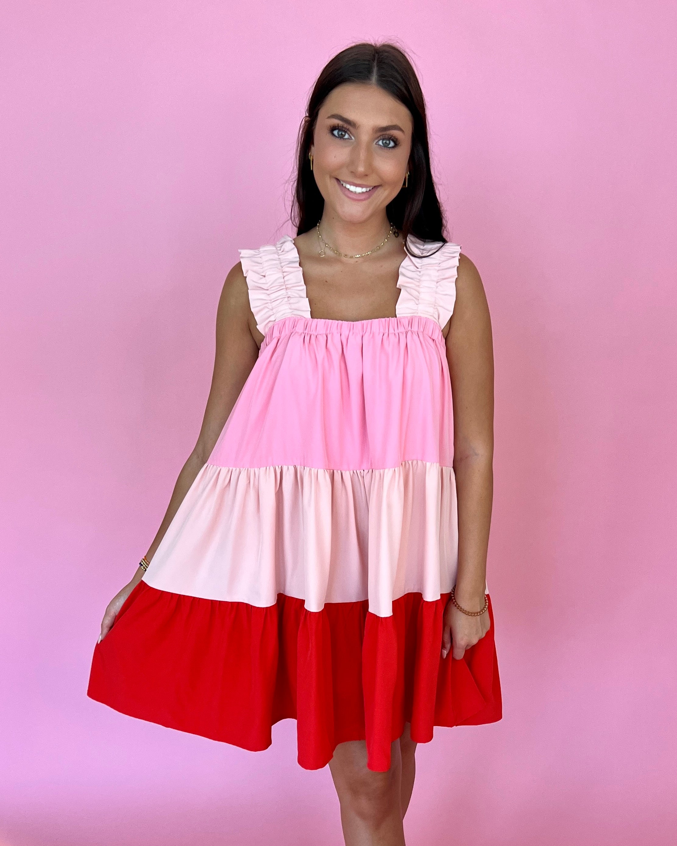 From The Beginning Red Combo Ruffle Color Block Tiered Dress-Shop-Womens-Boutique-Clothing