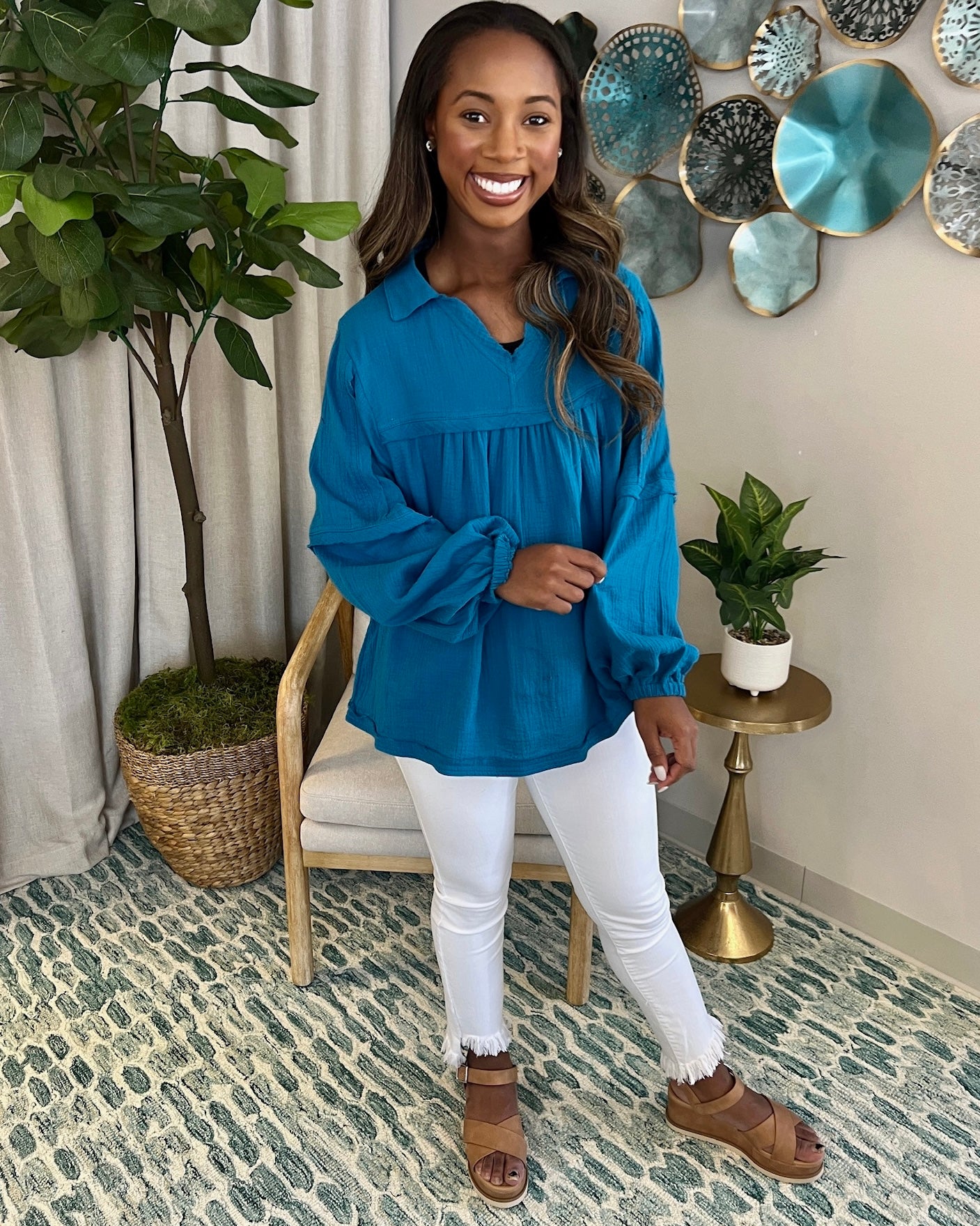 Heard It Teal Blue Crinkle Gauze Top-Shop-Womens-Boutique-Clothing