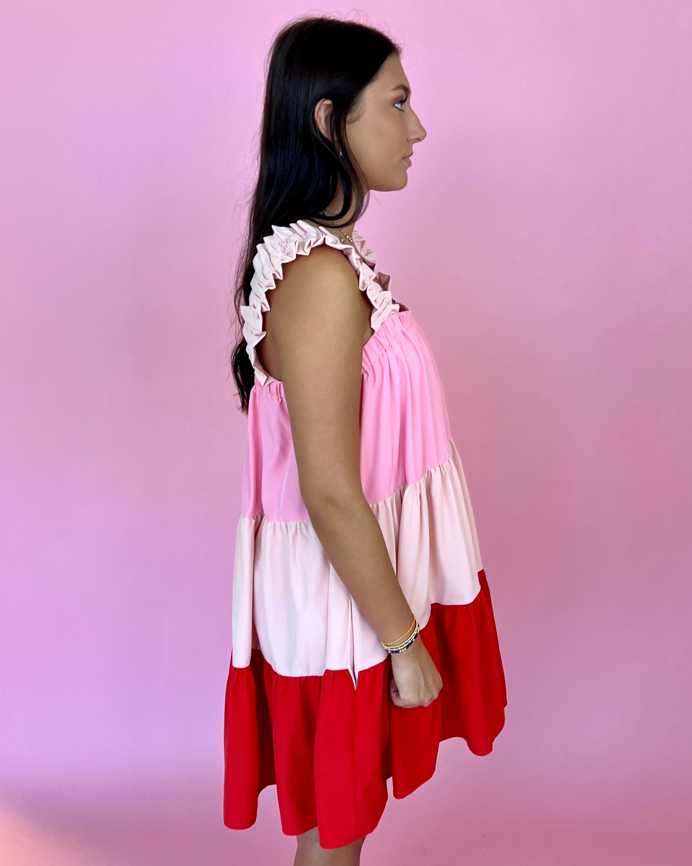 From The Beginning Red Combo Ruffle Color Block Tiered Dress-Shop-Womens-Boutique-Clothing