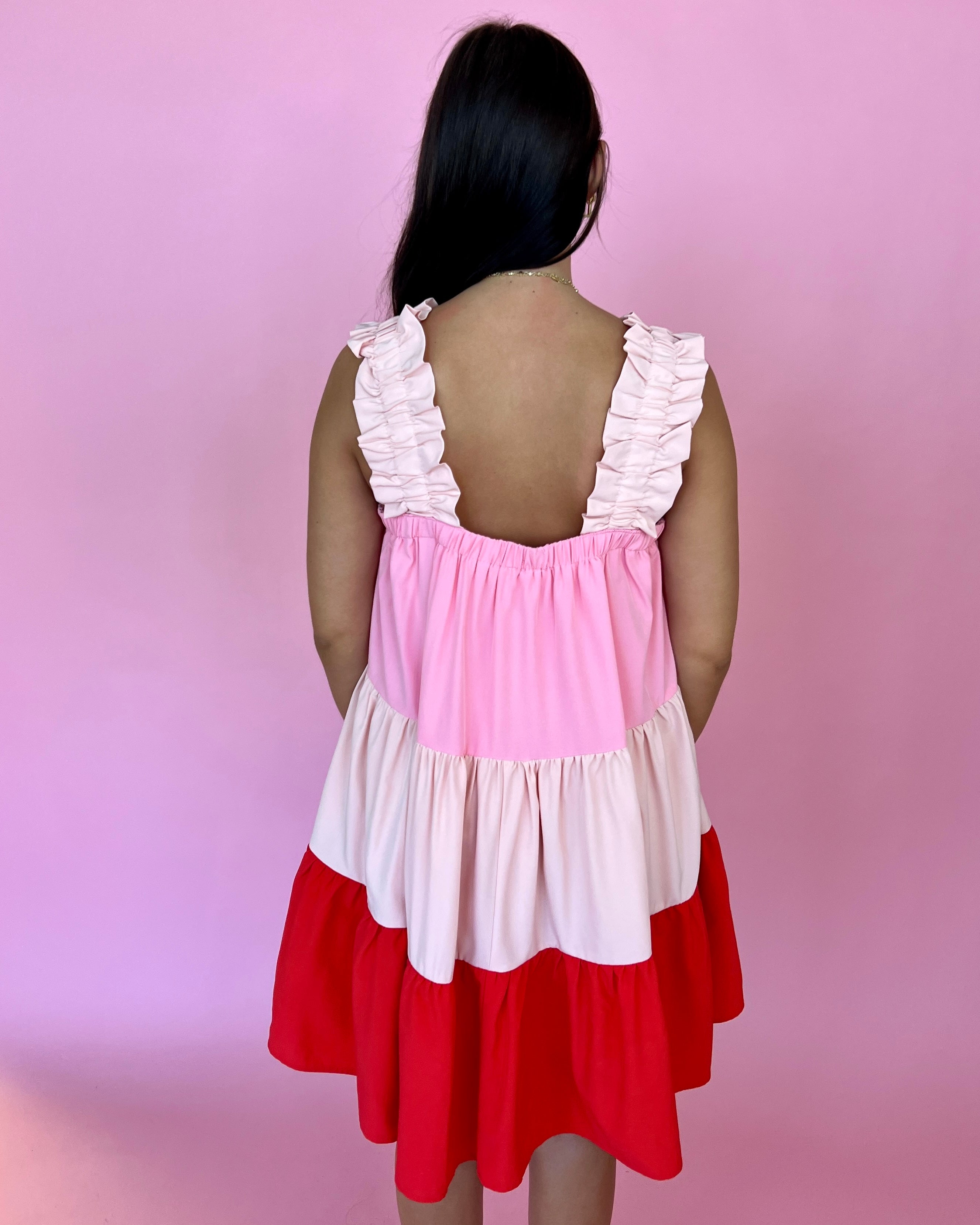 From The Beginning Red Combo Ruffle Color Block Tiered Dress-Shop-Womens-Boutique-Clothing