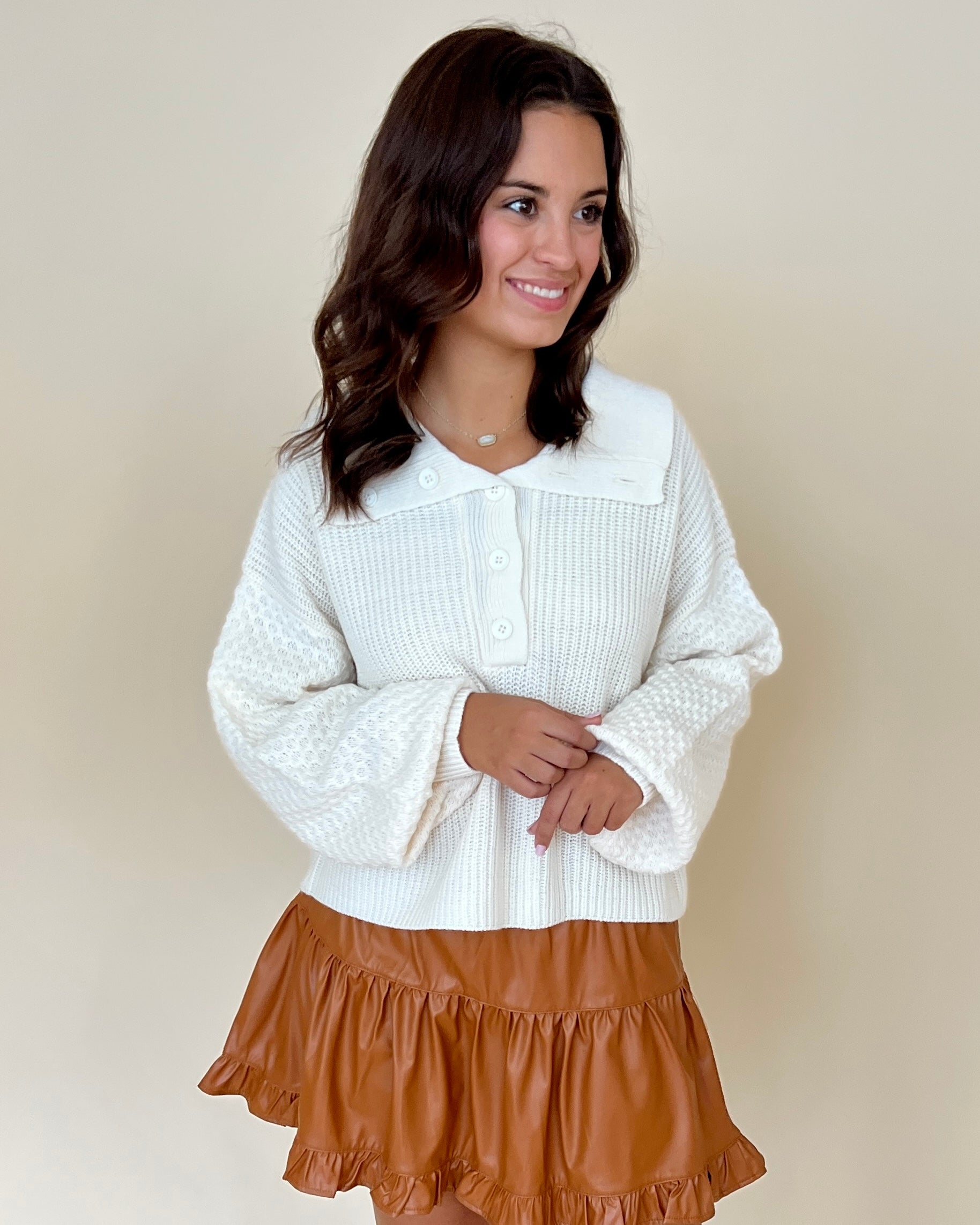 A Possibility Cream Textured Knit Collared Button Sweater-Shop-Womens-Boutique-Clothing
