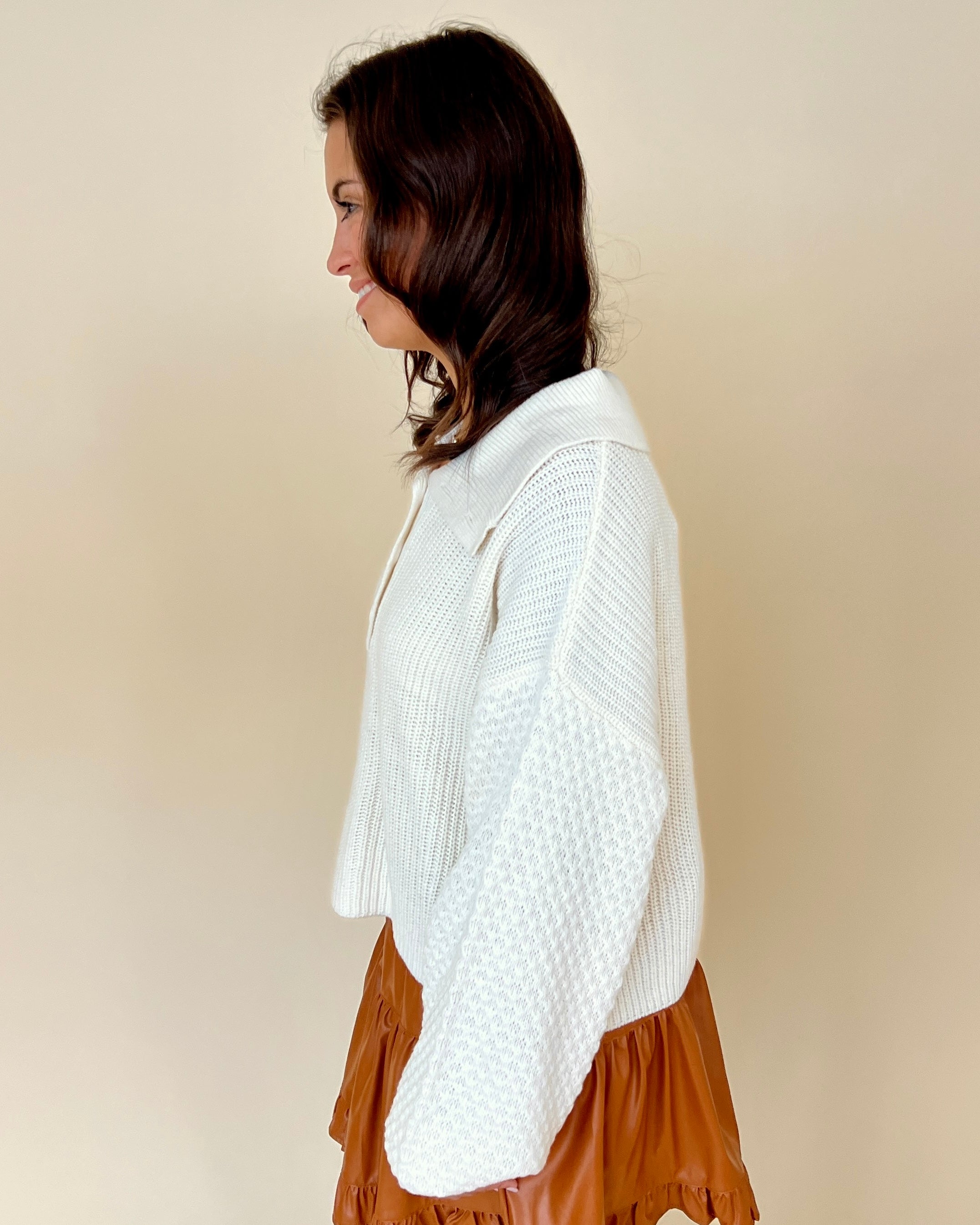 A Possibility Cream Textured Knit Collared Button Sweater-Shop-Womens-Boutique-Clothing