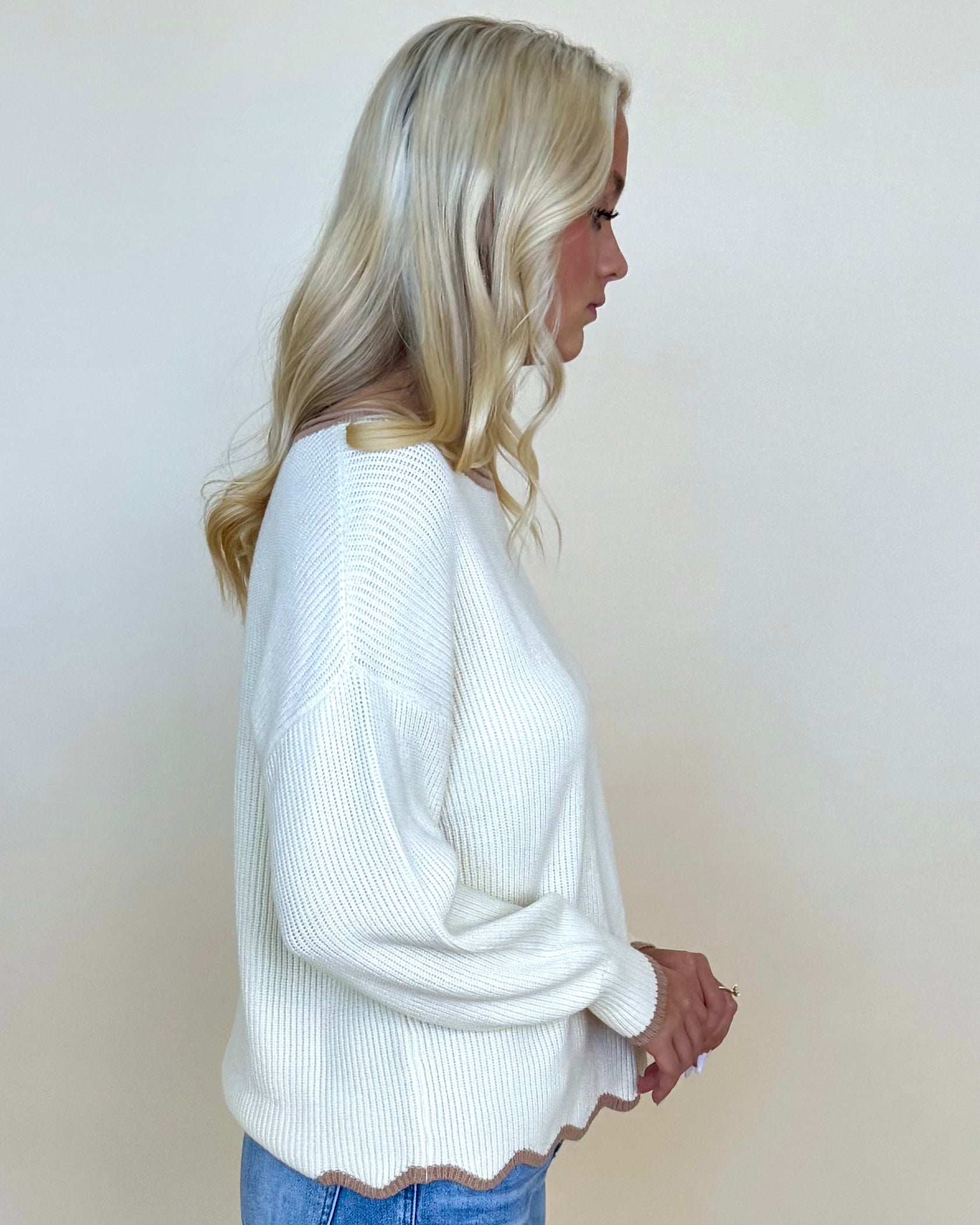 Loving View Oatmeal Contrast Scallop Sweater-Shop-Womens-Boutique-Clothing