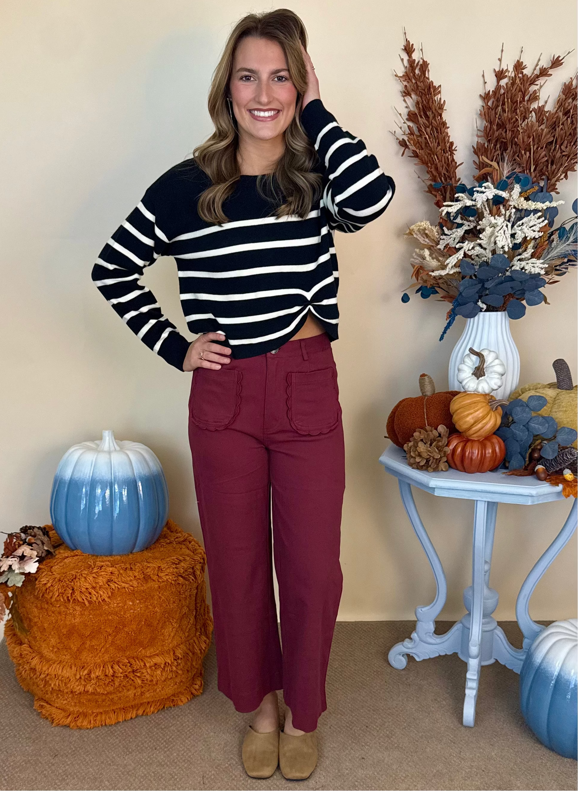 Unhurried Life Burgundy Front Scallop Pocket Pant-Shop-Womens-Boutique-Clothing
