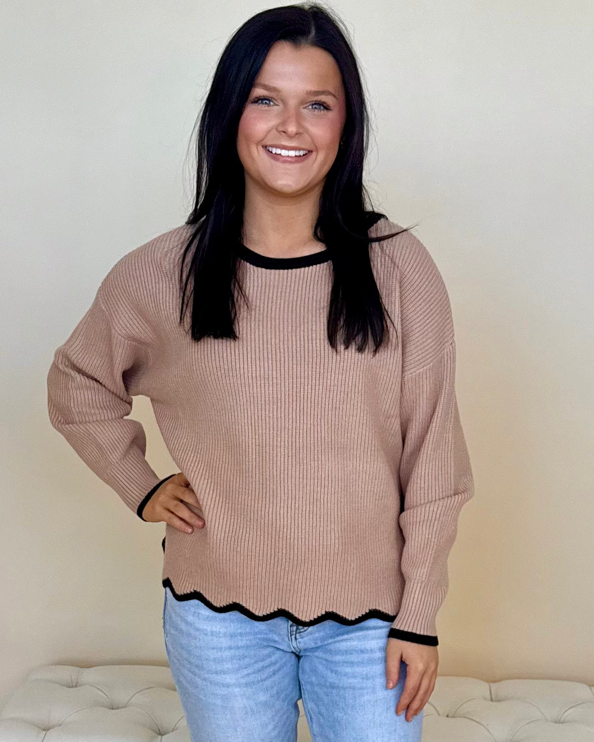 Loving View Khaki Contrast Scallop Sweater-Shop-Womens-Boutique-Clothing