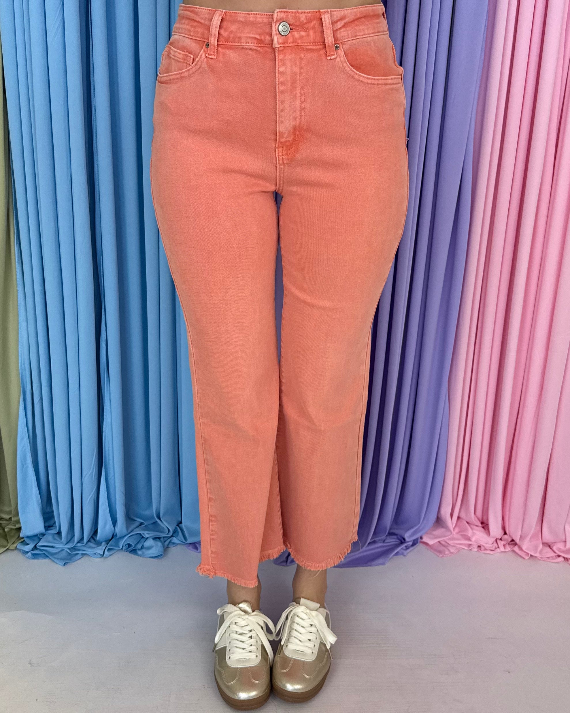 Feeling Close Coral Acid Washed Frayed Bootcut Pants-Shop-Womens-Boutique-Clothing