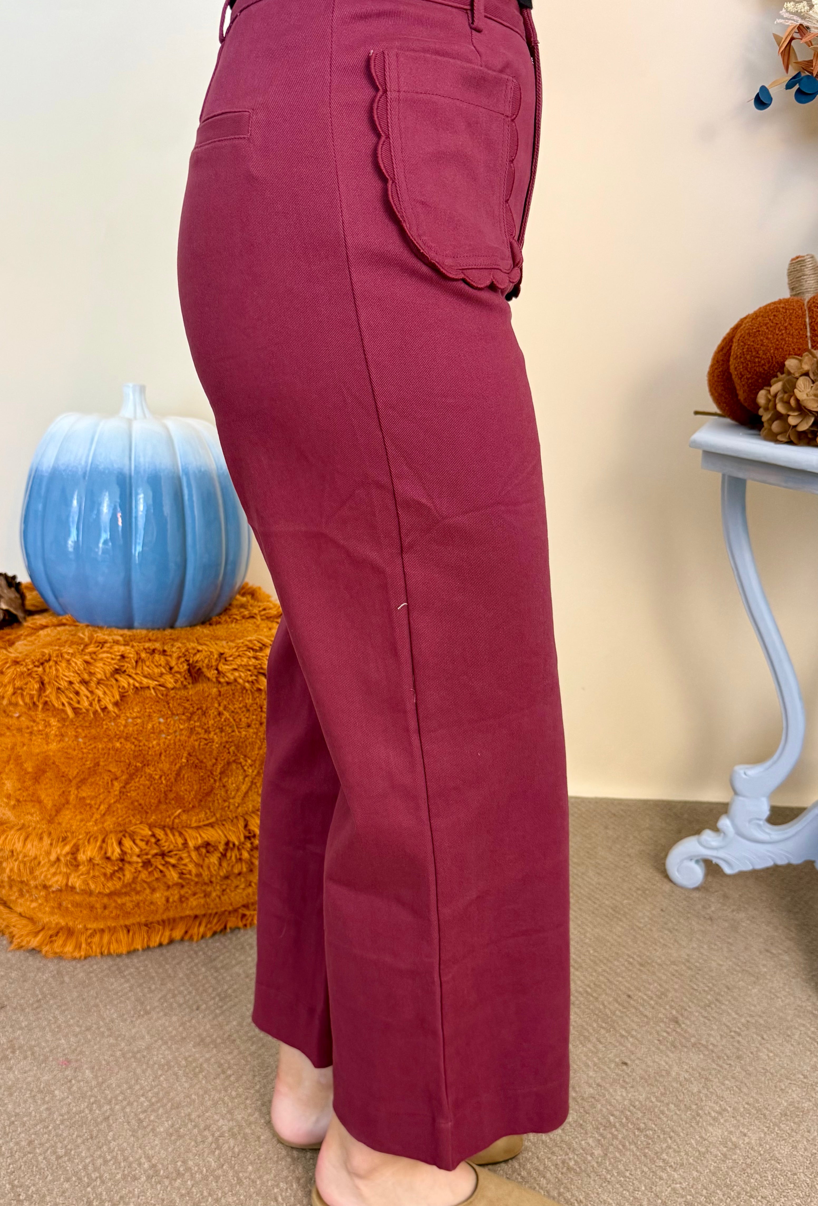 Unhurried Life Burgundy Front Scallop Pocket Pant-Shop-Womens-Boutique-Clothing