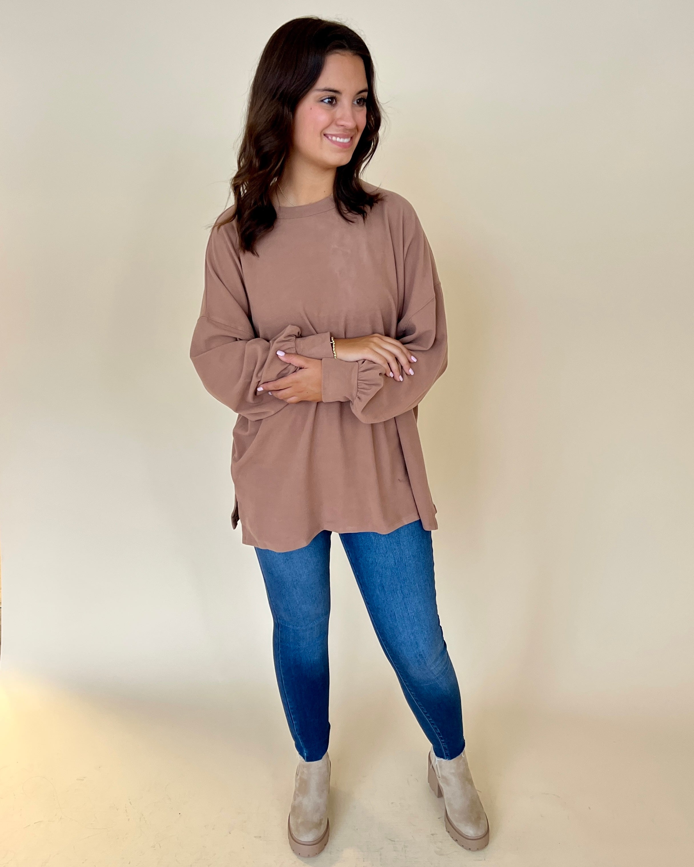 In My Feelings Camel Ribbed Round Neck Oversized Top-Shop-Womens-Boutique-Clothing