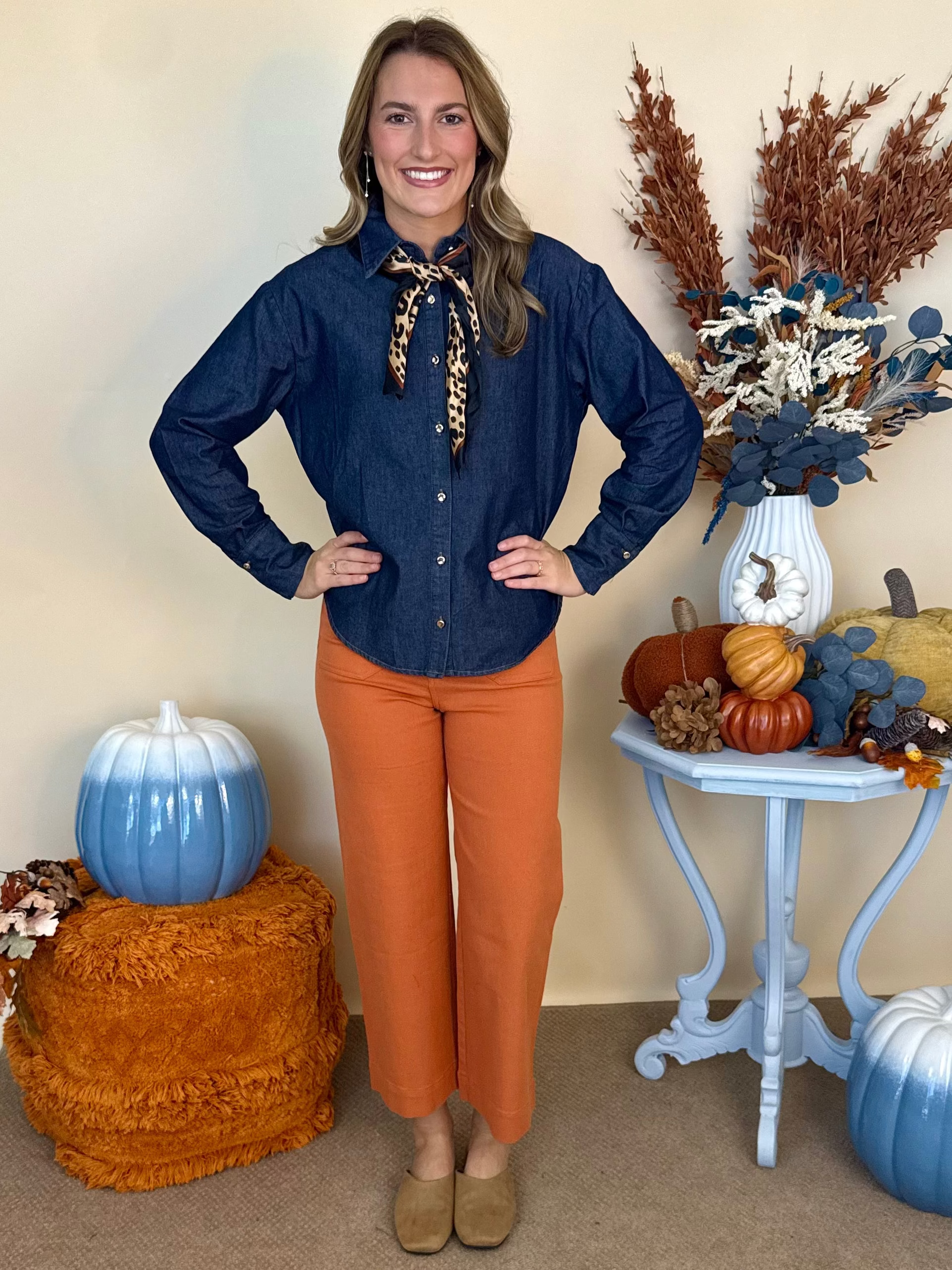 Always On My Mind Dk Denim Scarf Button Down Top-Shop-Womens-Boutique-Clothing