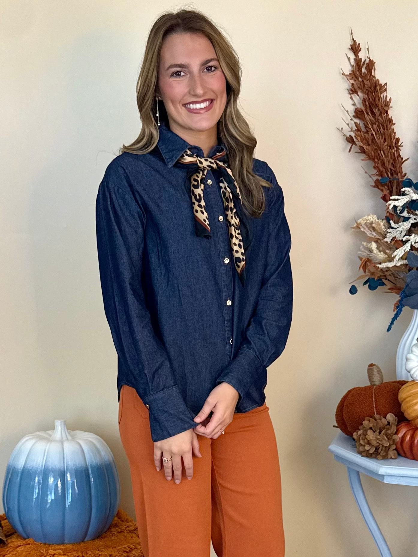 Always On My Mind Dk Denim Scarf Button Down Top-Shop-Womens-Boutique-Clothing