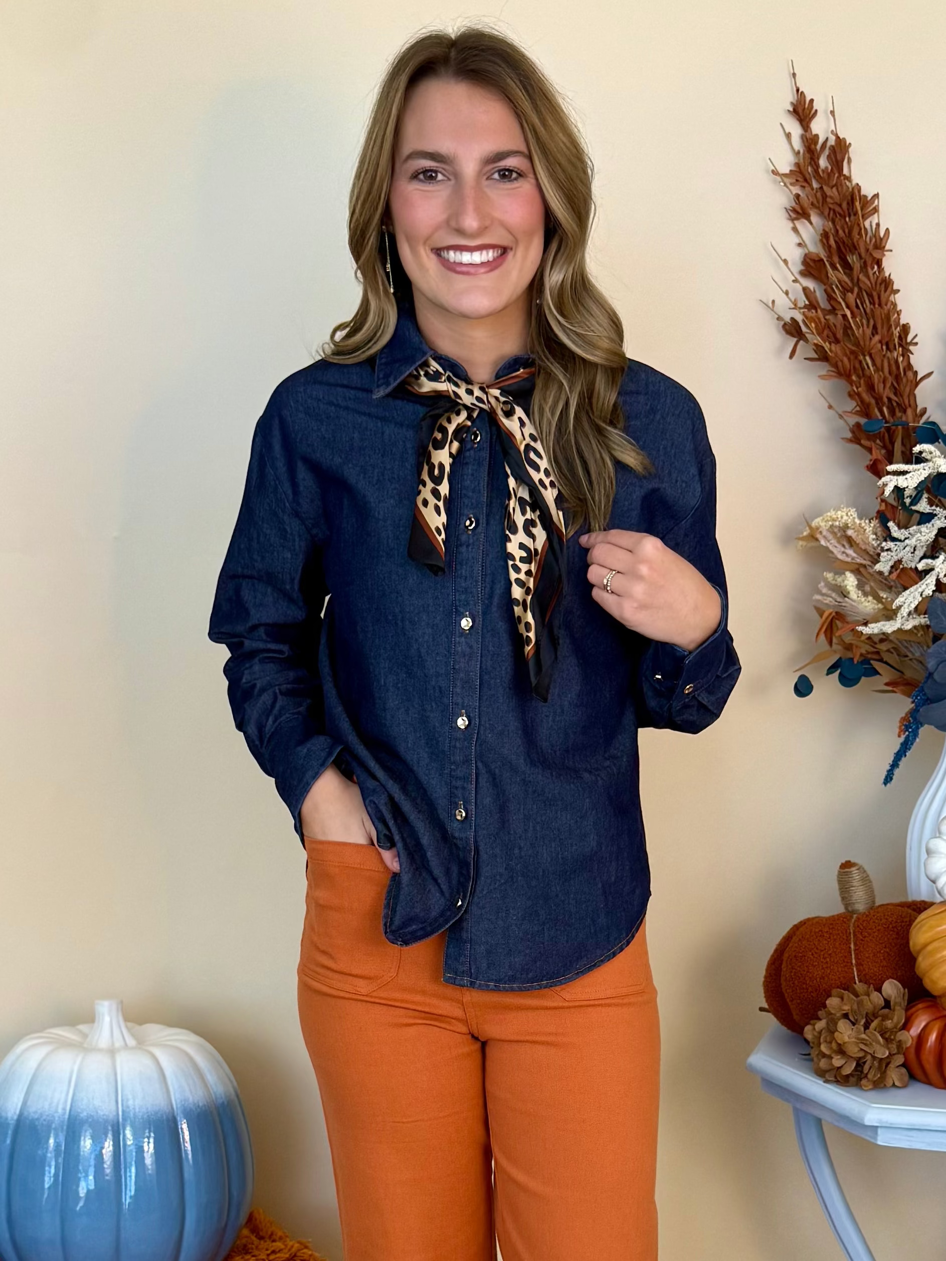 Always On My Mind Dk Denim Scarf Button Down Top-Shop-Womens-Boutique-Clothing