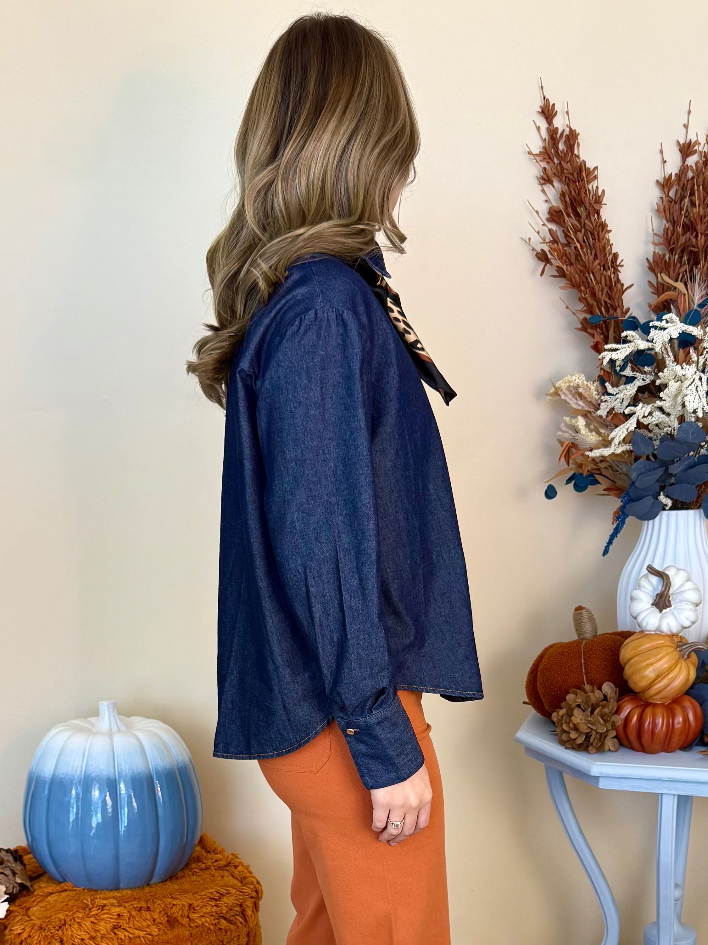 Always On My Mind Dk Denim Scarf Button Down Top-Shop-Womens-Boutique-Clothing