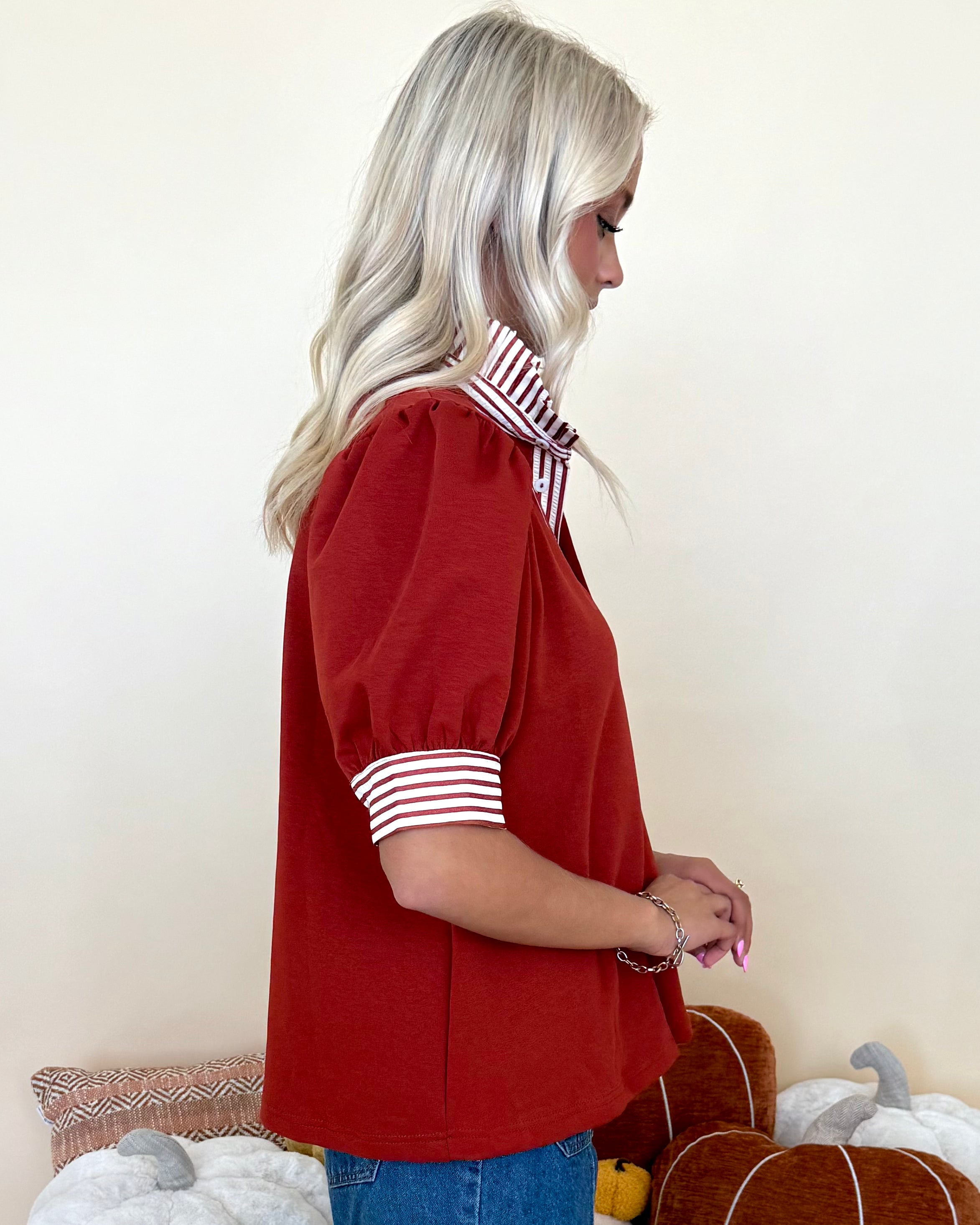 Keeping Faith Rust Stripe Ruffle Top-Shop-Womens-Boutique-Clothing