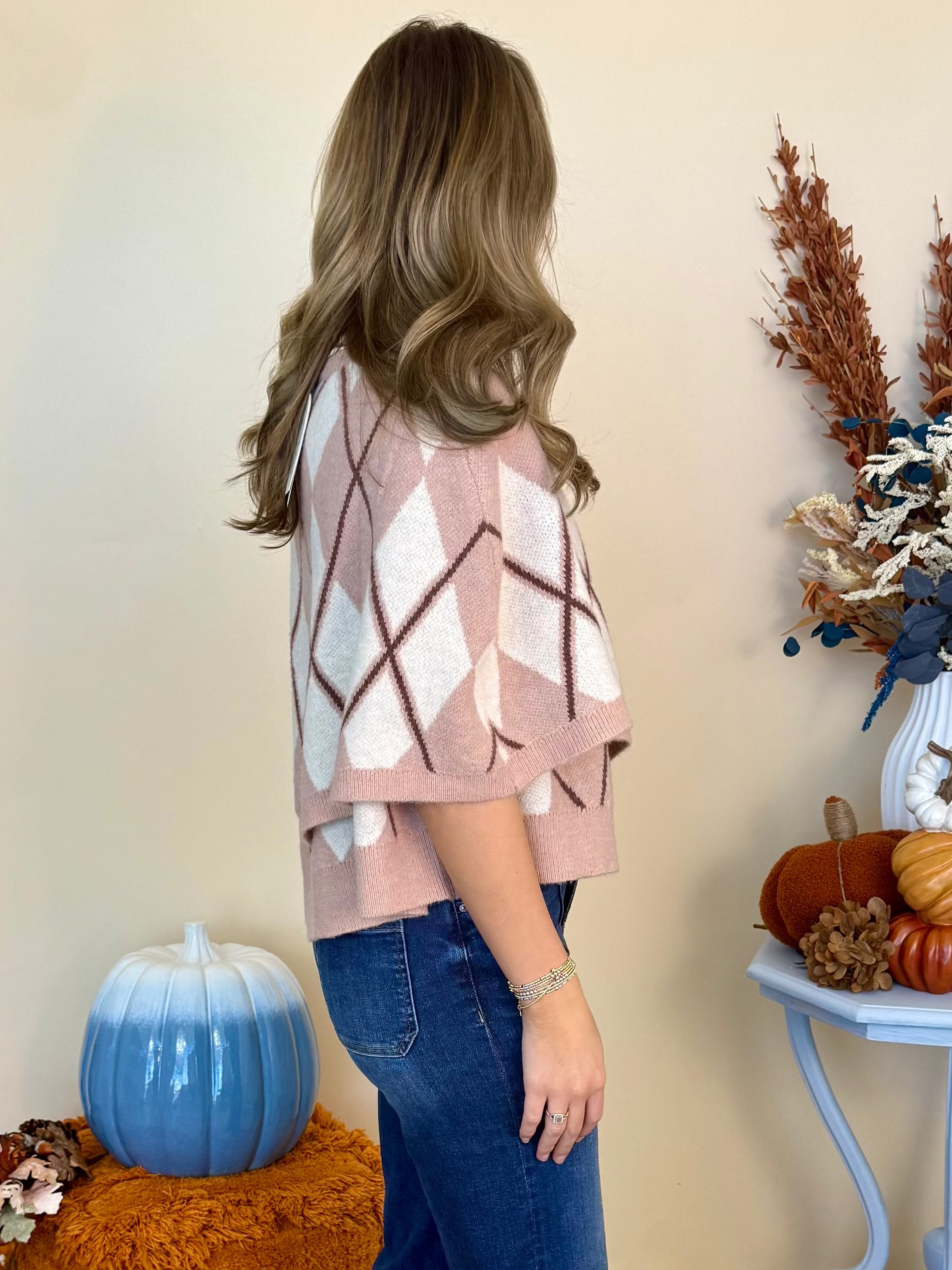 Leaves and Lattes Rose Ivory Argyle Cape Sweater-Shop-Womens-Boutique-Clothing