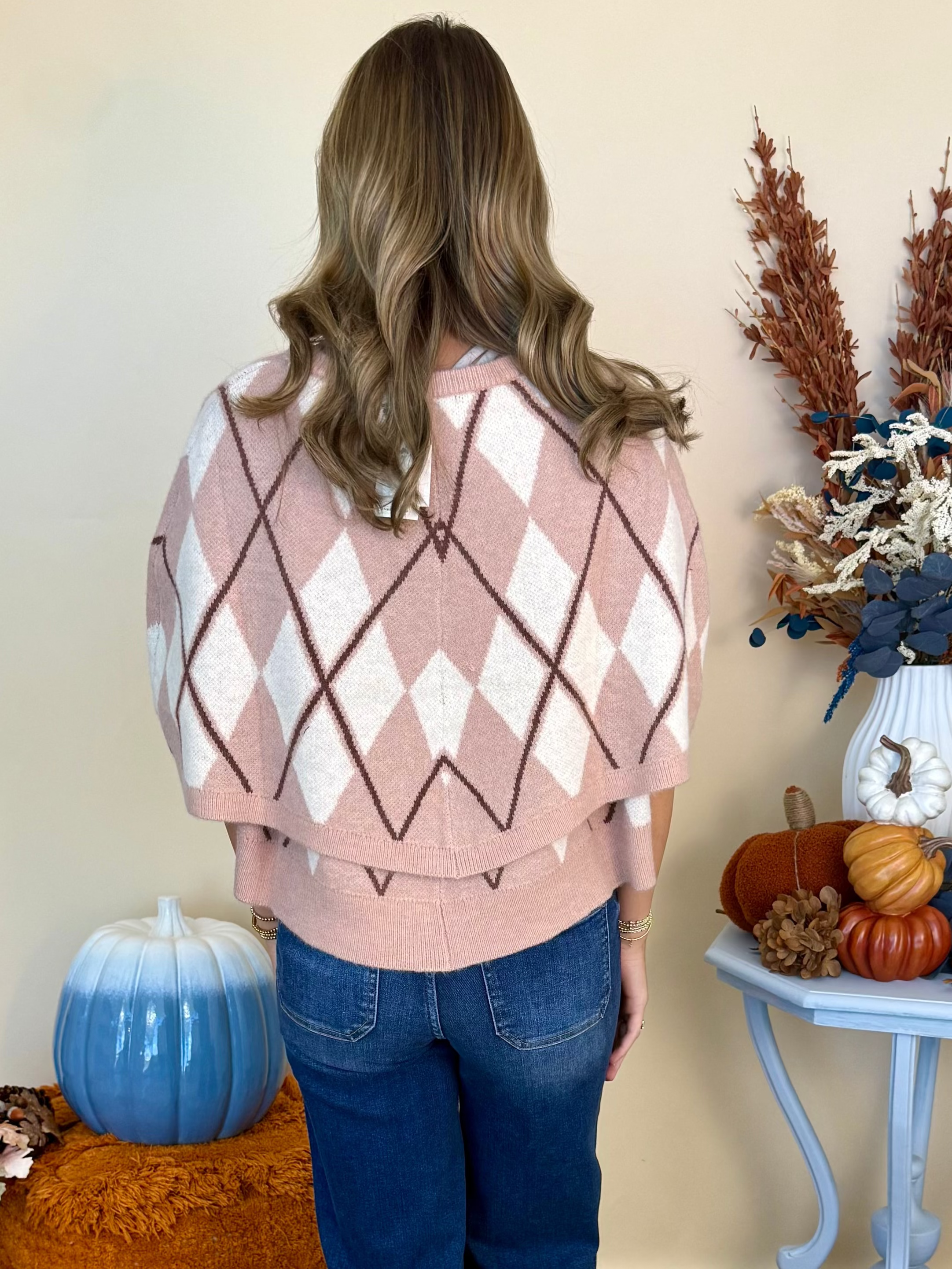 Leaves and Lattes Rose Ivory Argyle Cape Sweater-Shop-Womens-Boutique-Clothing