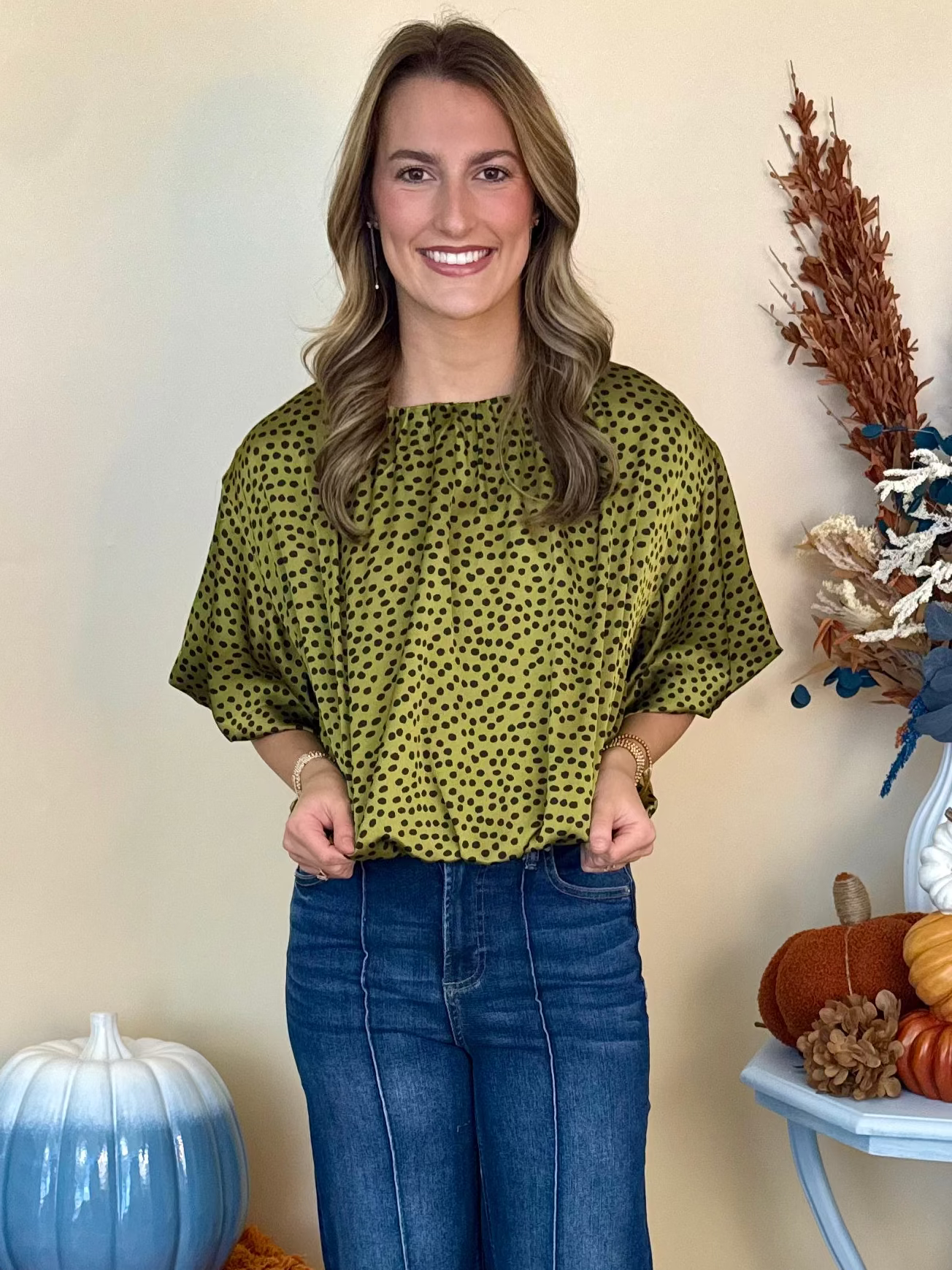 Into the Meadow Olive Balloon Sleeve Bubble Hem Top-Shop-Womens-Boutique-Clothing