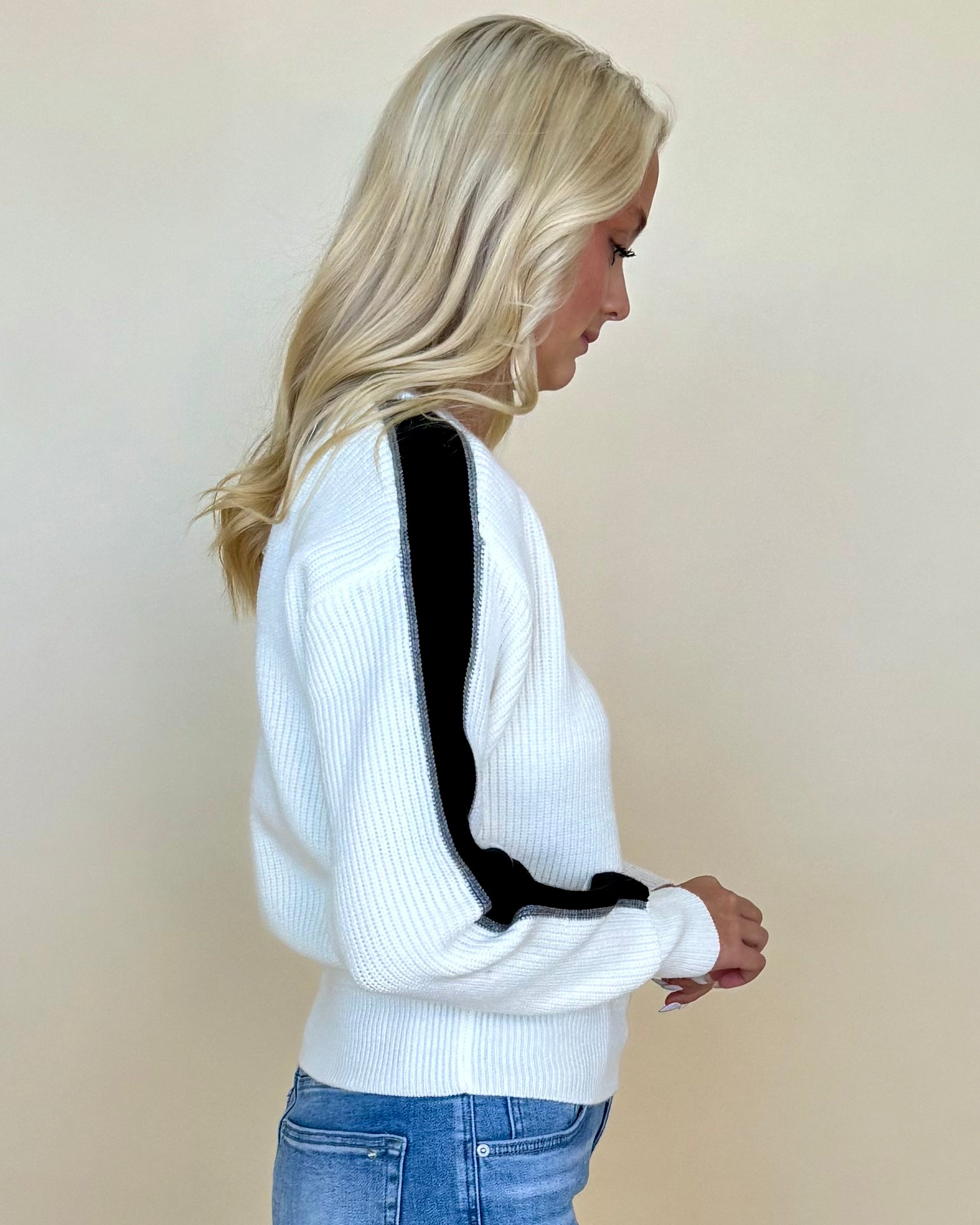 You Got Me Off White Stripe Sleeve Sweater-Shop-Womens-Boutique-Clothing