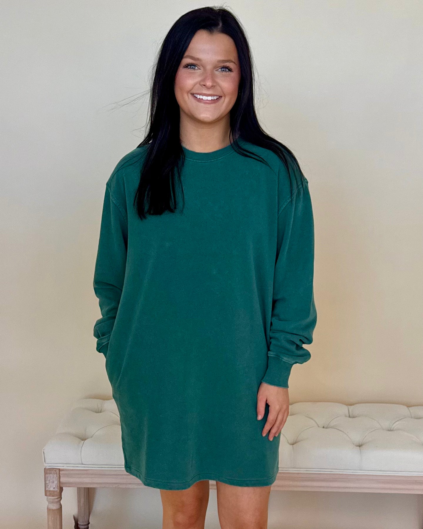 Line Up Dark Green Washed Sweatshirt Dress-Shop-Womens-Boutique-Clothing