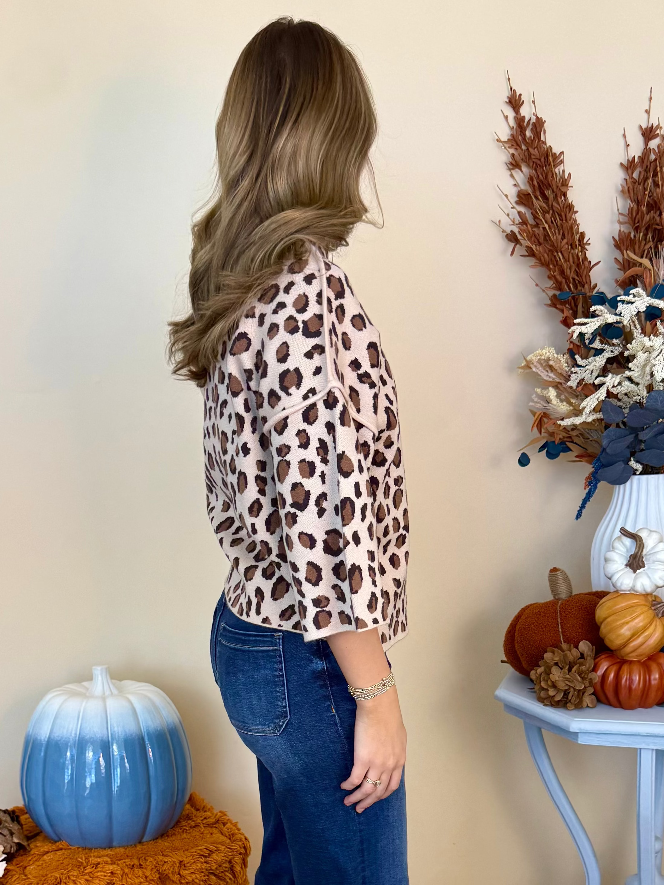 After All Taupe 3/4 Sleeve Mock Neck Leopard Sweater-Shop-Womens-Boutique-Clothing
