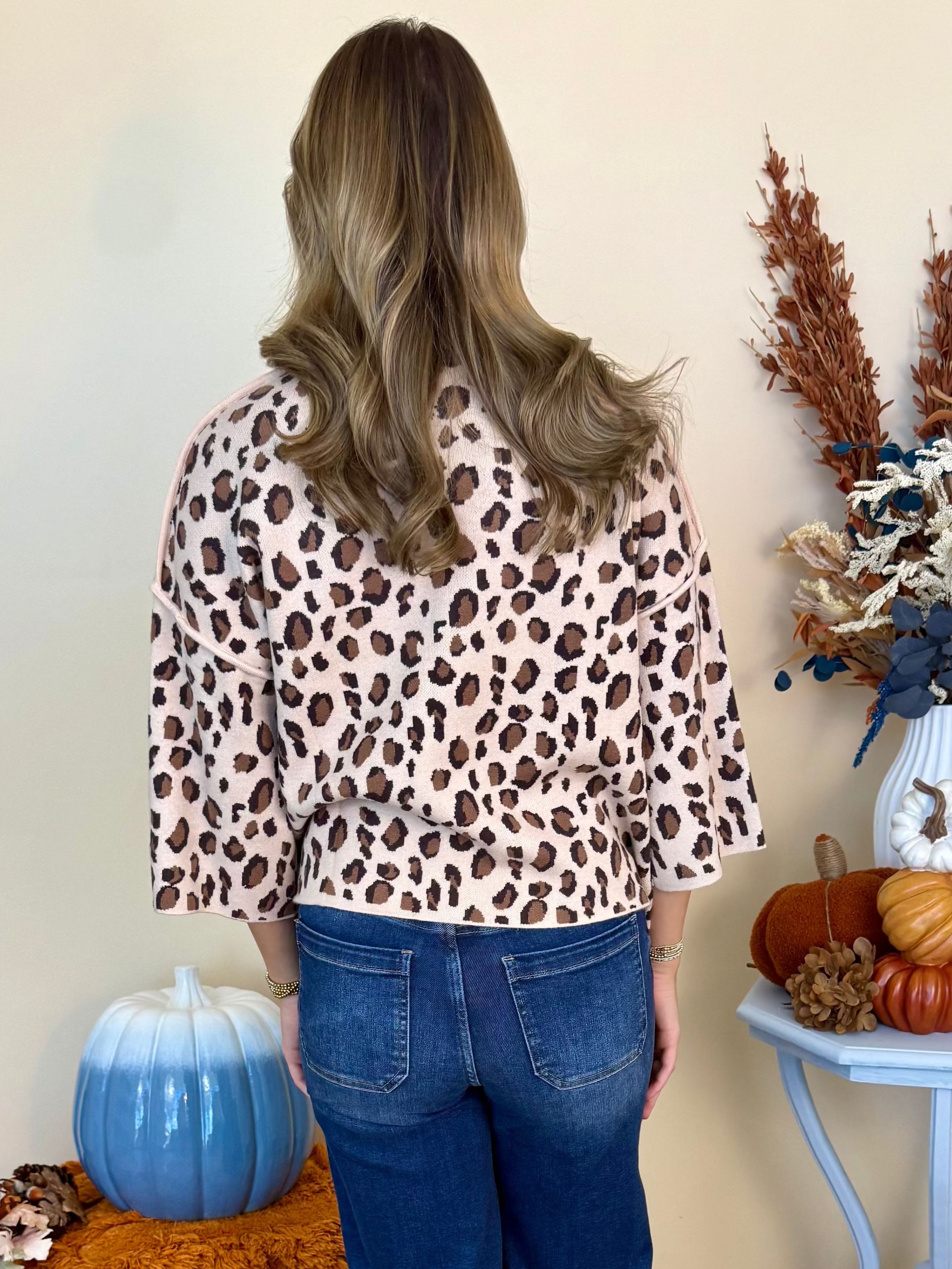 After All Taupe 3/4 Sleeve Mock Neck Leopard Sweater-Shop-Womens-Boutique-Clothing