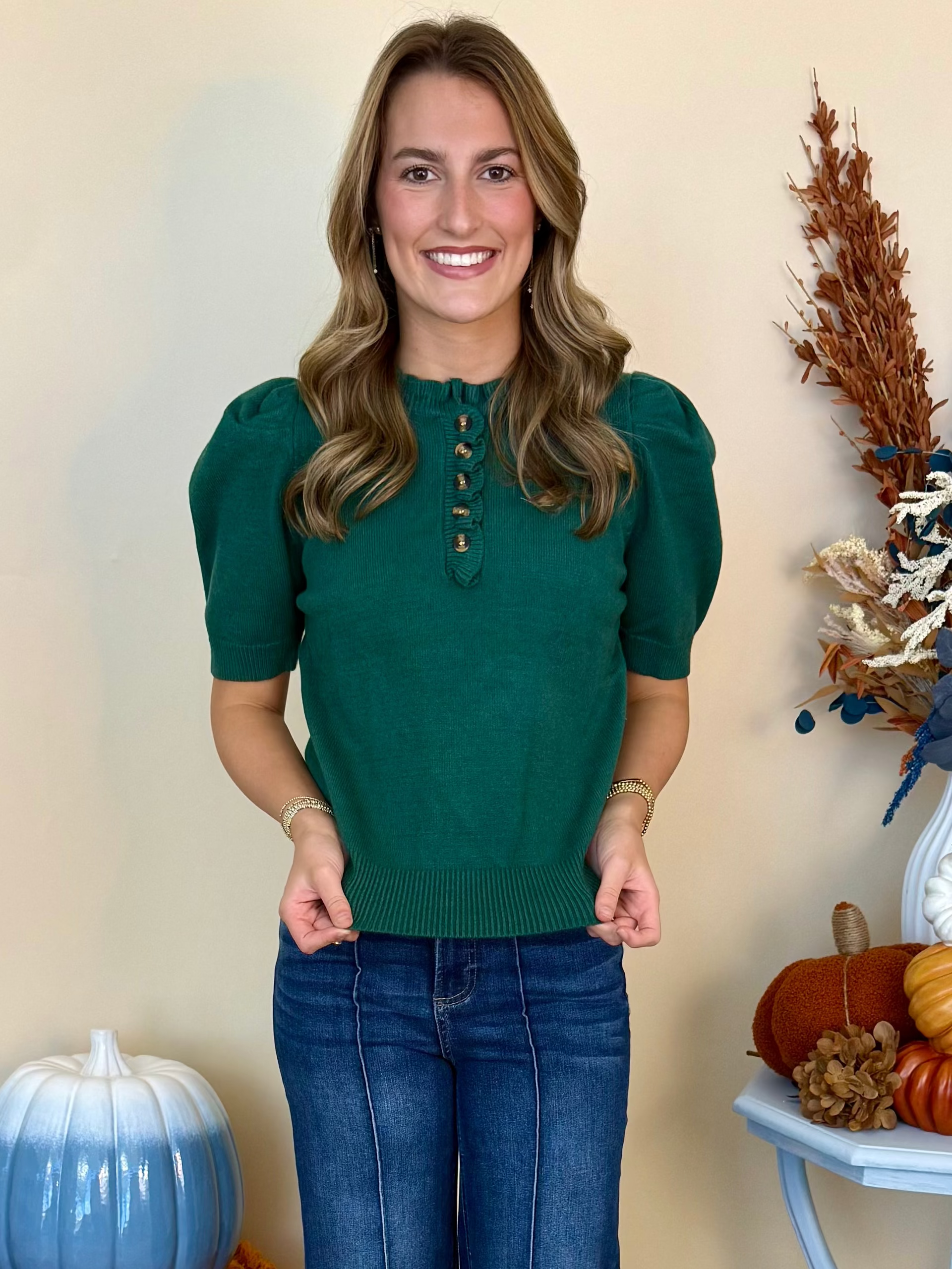 More Than One Sea Green Short Sleeve Ruffled Neck Sweater-Shop-Womens-Boutique-Clothing