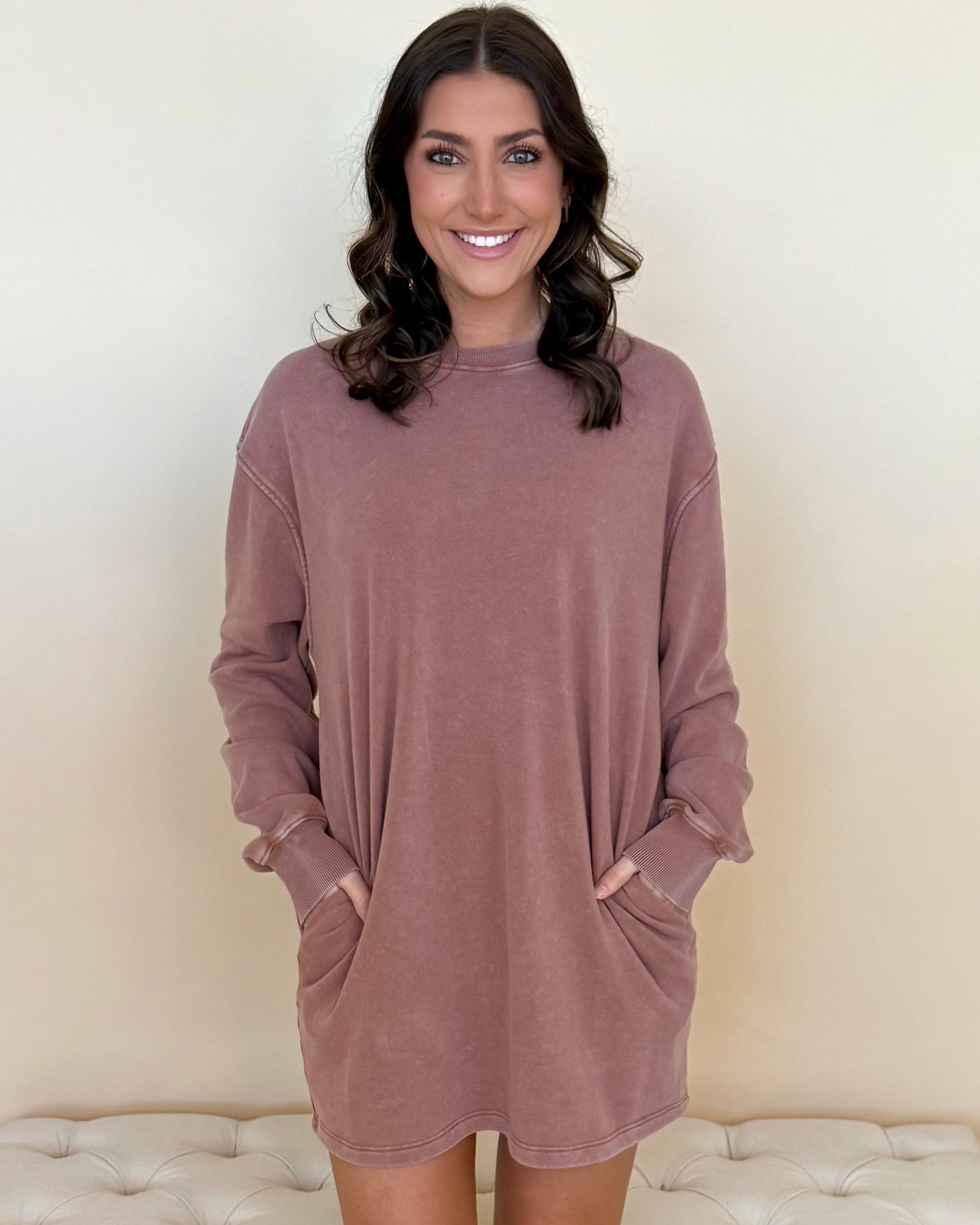 Line Up Chestnut Washed Sweatshirt Dress-Shop-Womens-Boutique-Clothing
