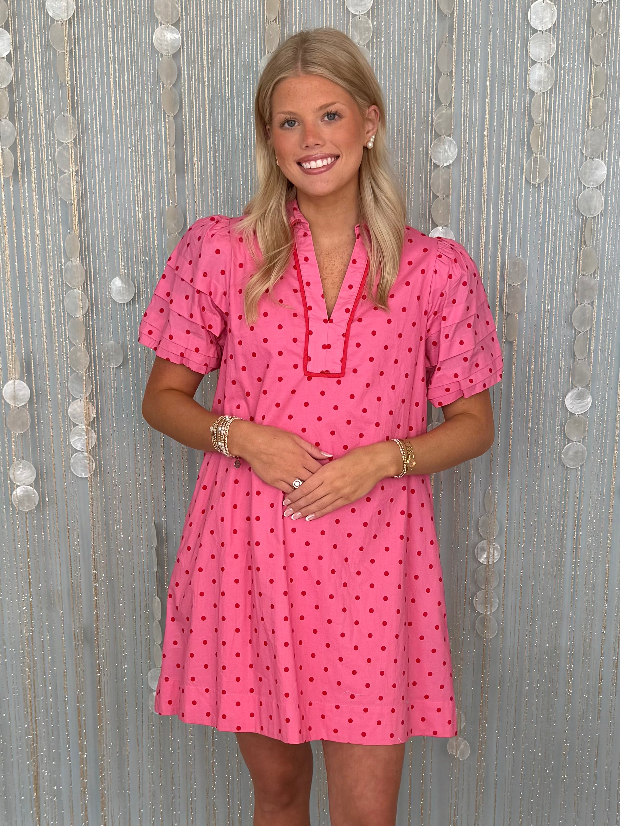 Ivory Tide Pink Polka Dot Puff Sleeve Dress-Shop-Womens-Boutique-Clothing