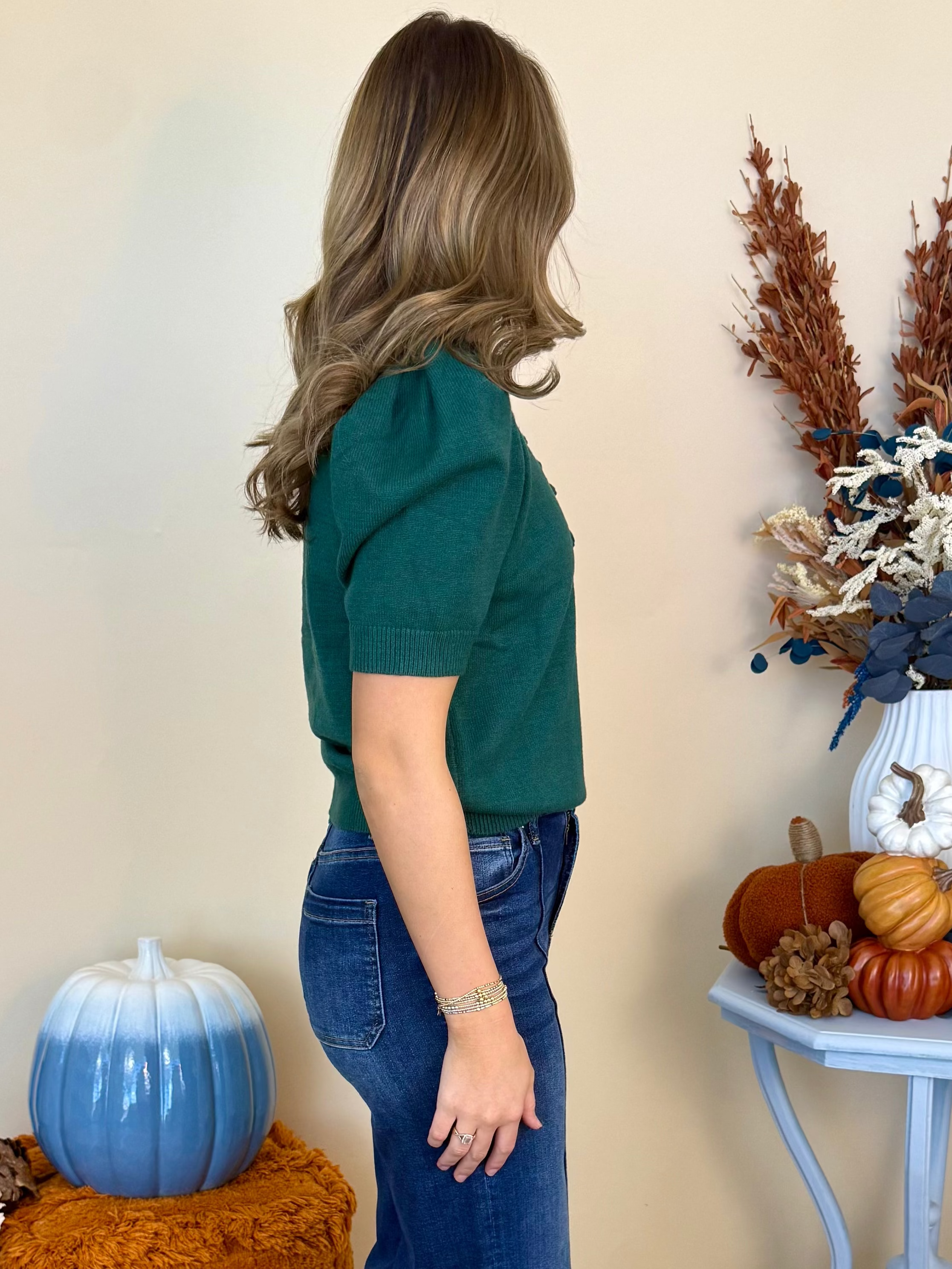 More Than One Sea Green Short Sleeve Ruffled Neck Sweater-Shop-Womens-Boutique-Clothing