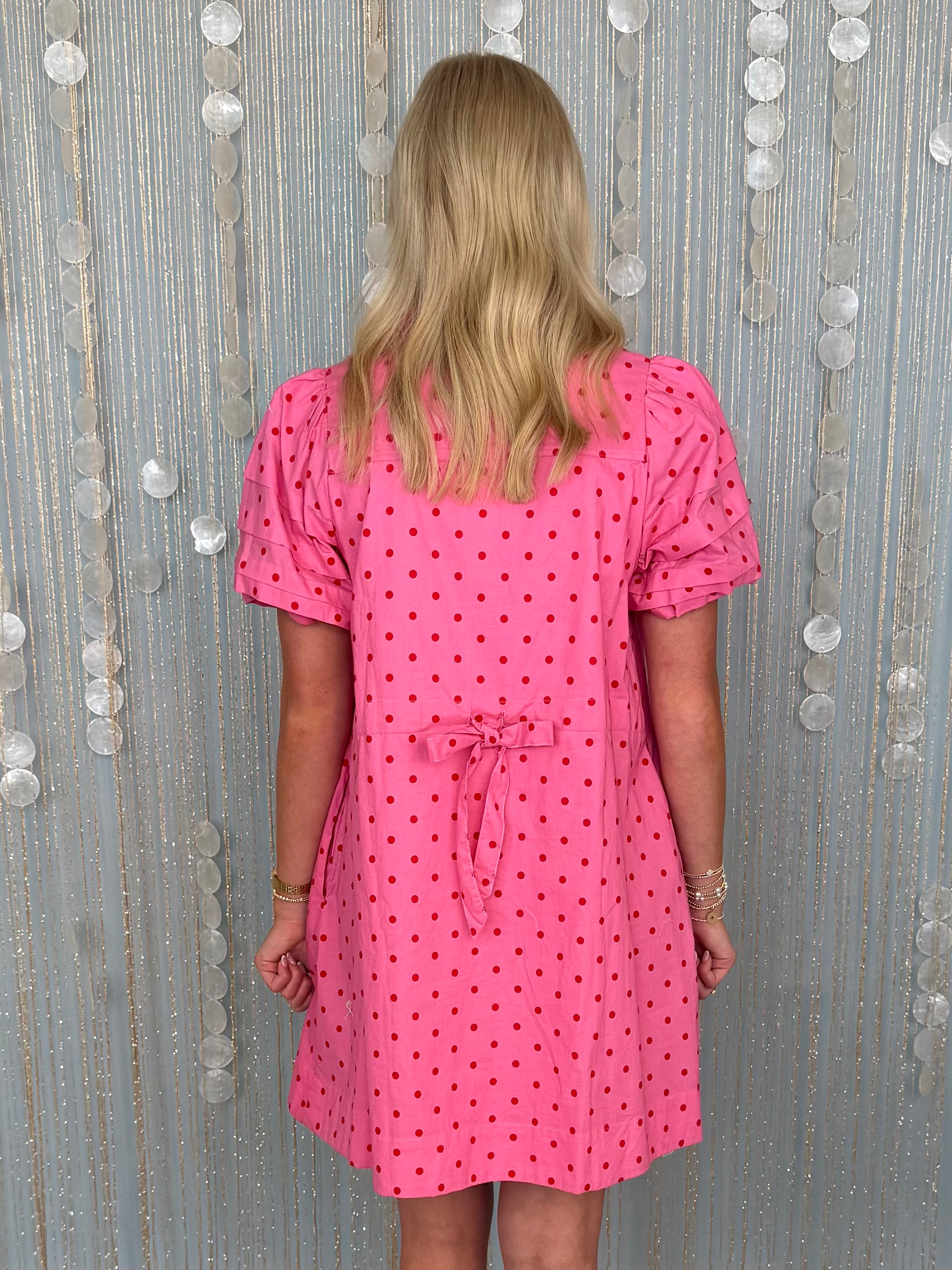 Ivory Tide Pink Polka Dot Puff Sleeve Dress-Shop-Womens-Boutique-Clothing