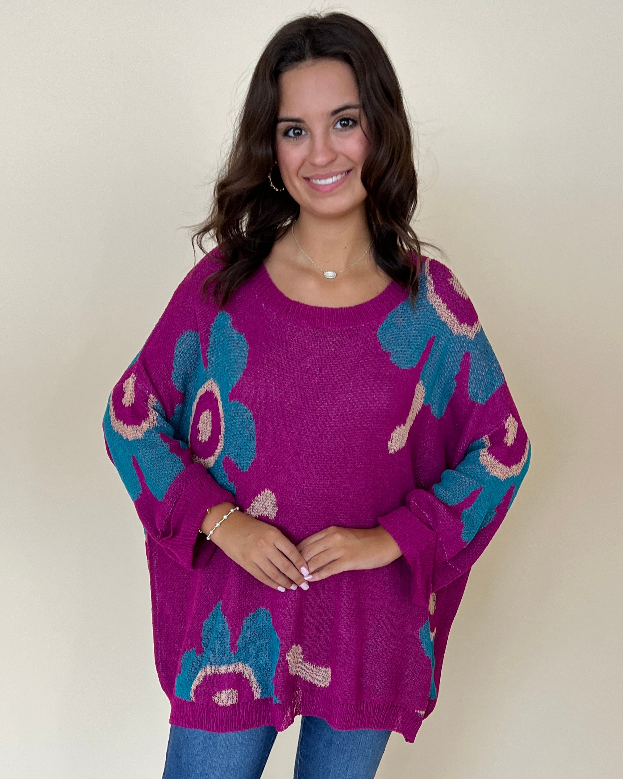 In The Moment Teal/Magenta Floral Knit Sweater-Shop-Womens-Boutique-Clothing