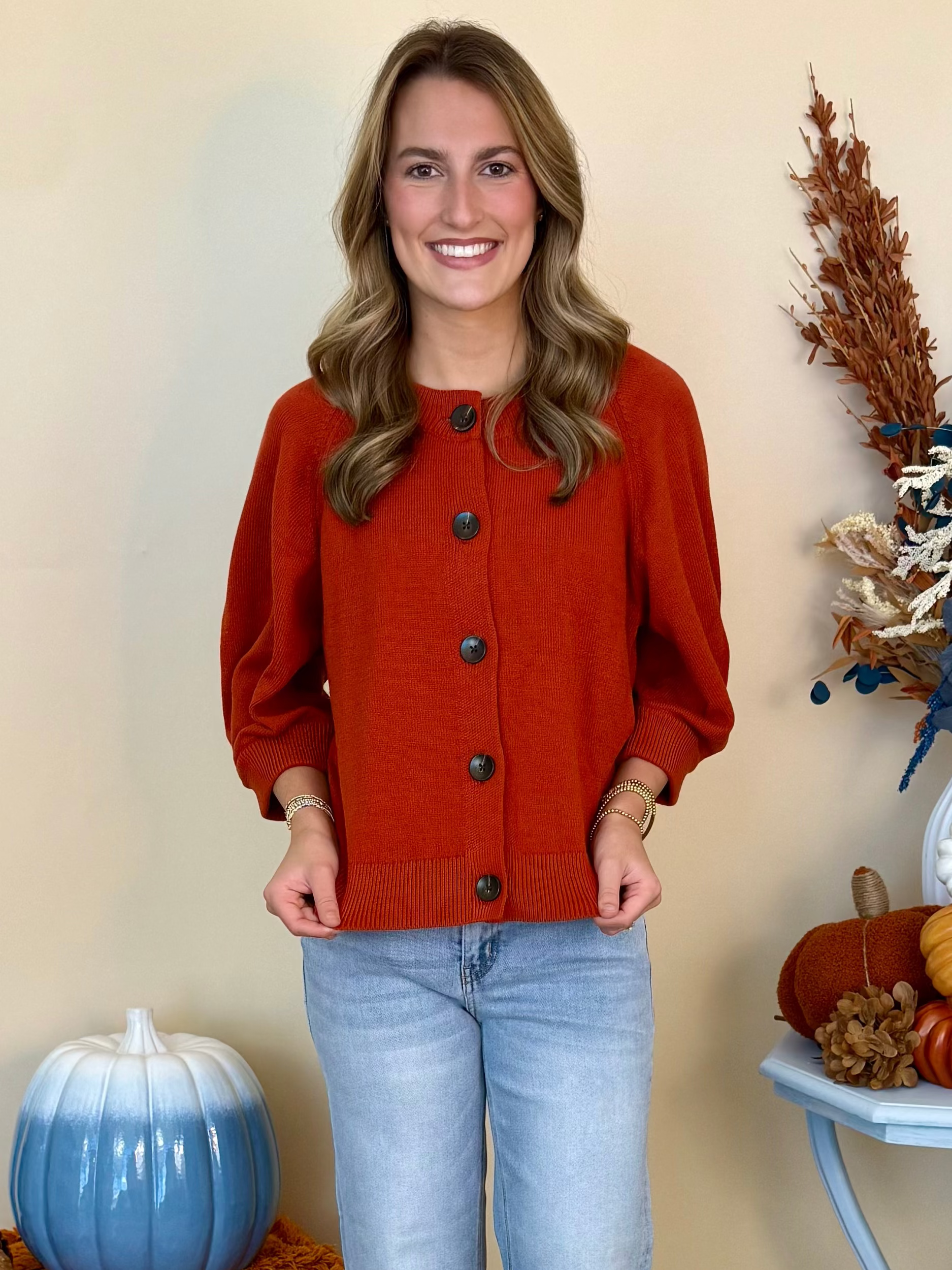 Porch Swing Clay Pleated 3/4 Sleeve Cardigan Sweater-Shop-Womens-Boutique-Clothing