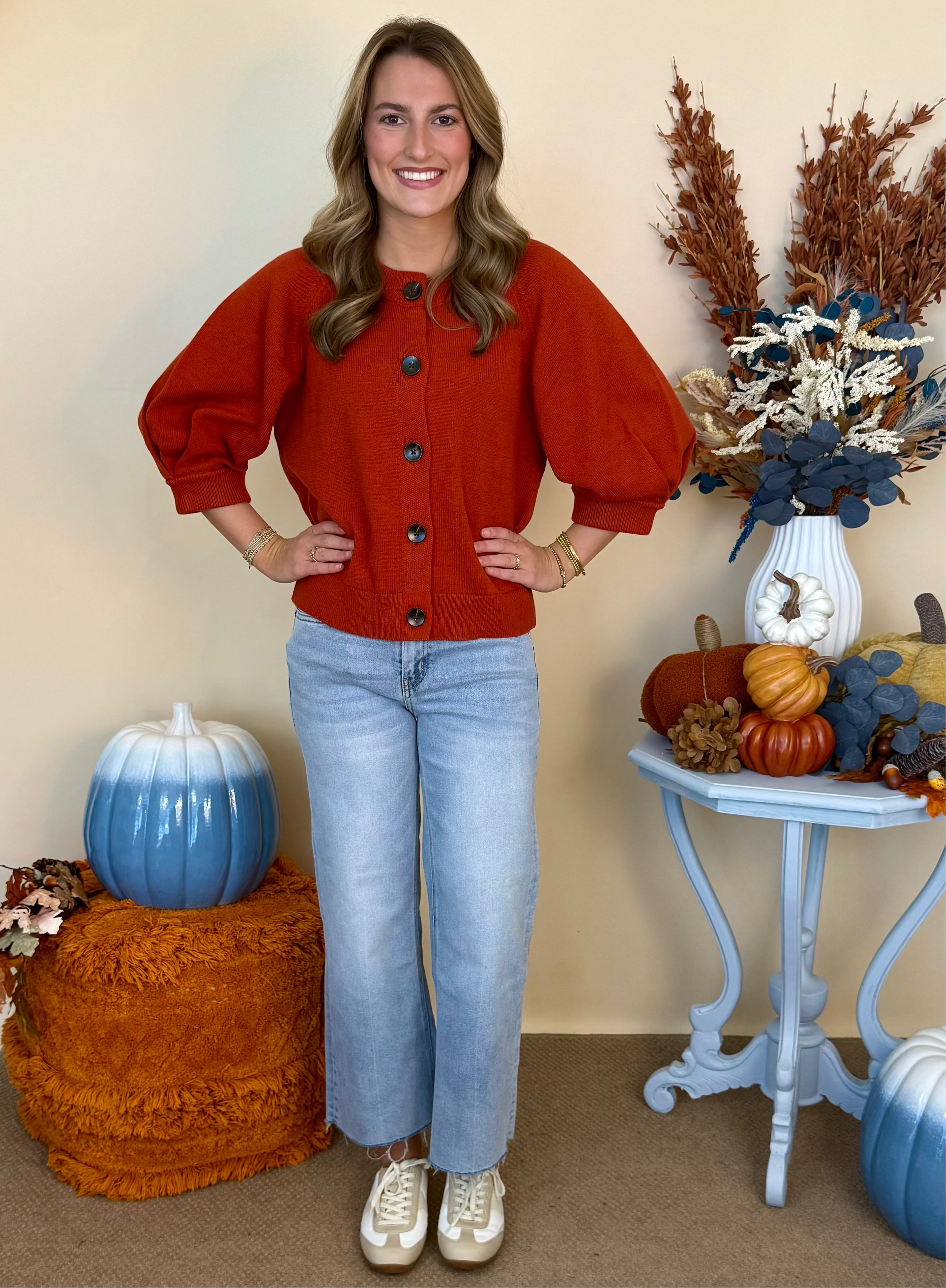 Porch Swing Clay Pleated 3/4 Sleeve Cardigan Sweater-Shop-Womens-Boutique-Clothing