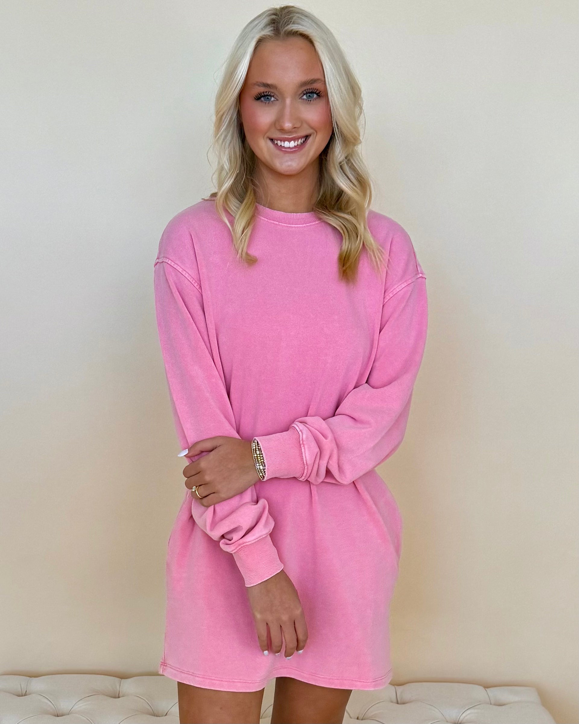 Line Up Pink Washed Sweatshirt Dress-Shop-Womens-Boutique-Clothing