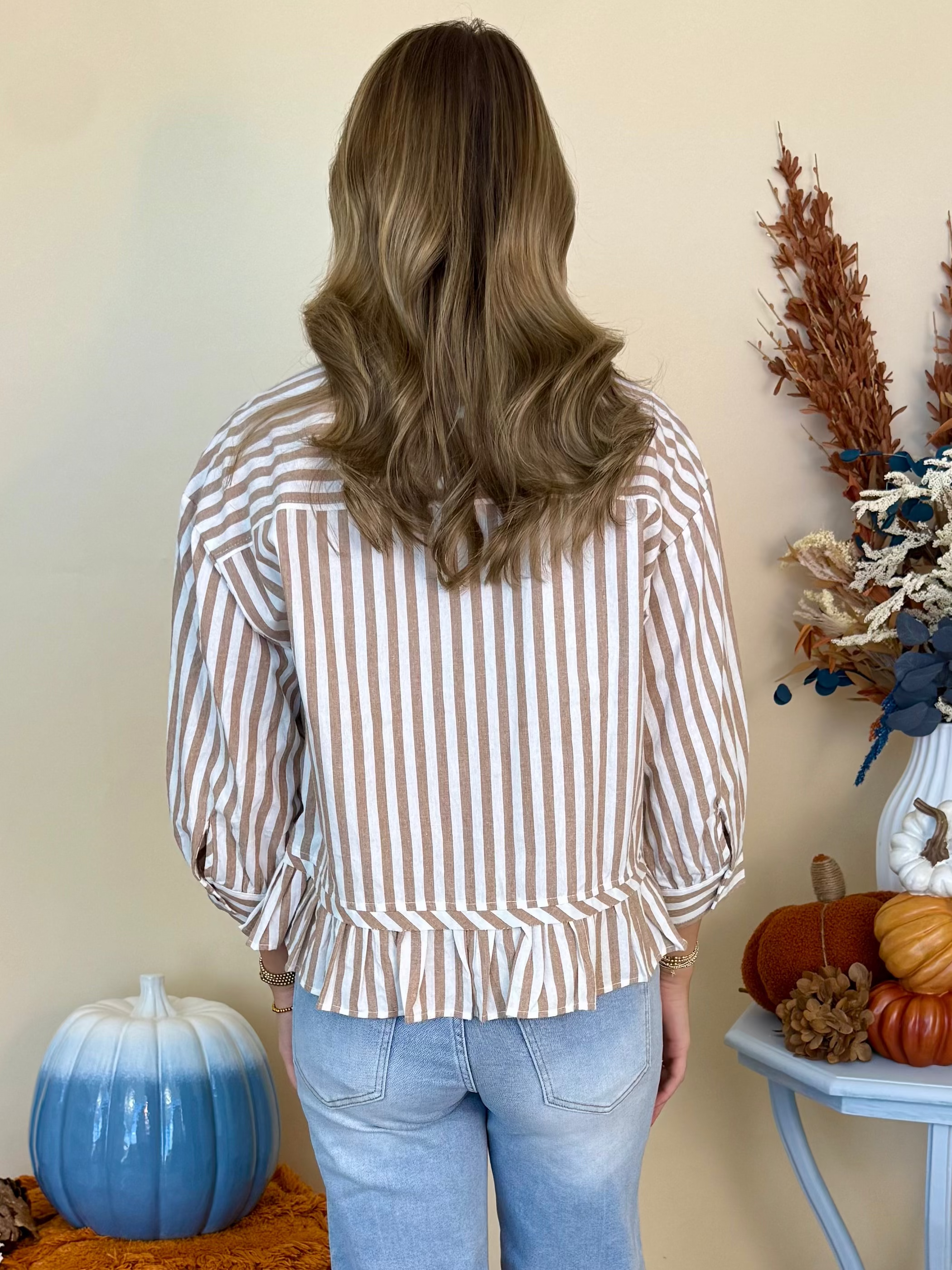 In Bloom Mocha Striped Pleated Top-Shop-Womens-Boutique-Clothing
